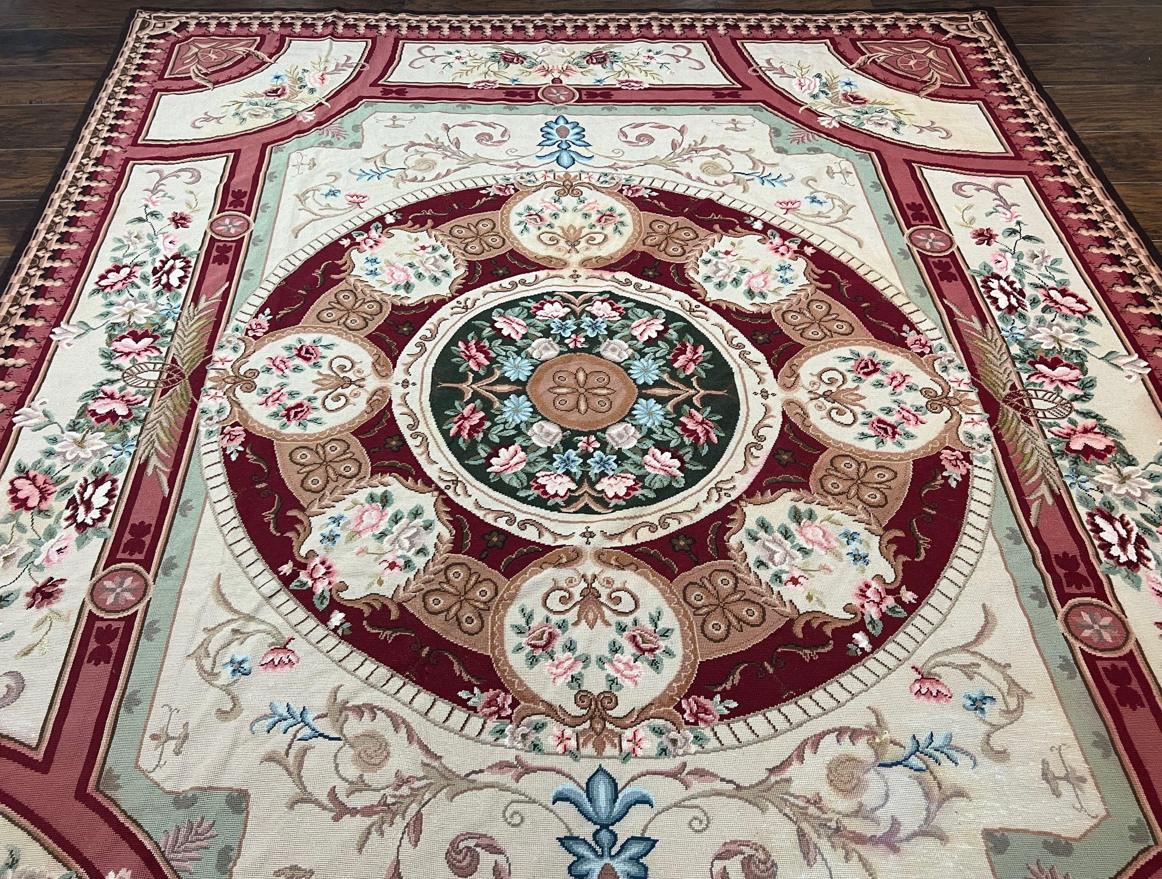 Needlepoint Rug 7.9 x 9, Beige Maroon Rose, Handmade Handwoven Flatweave Aubusson Savonnerie French European Elegant Carpet, Wool Rug - Jewel Rugs