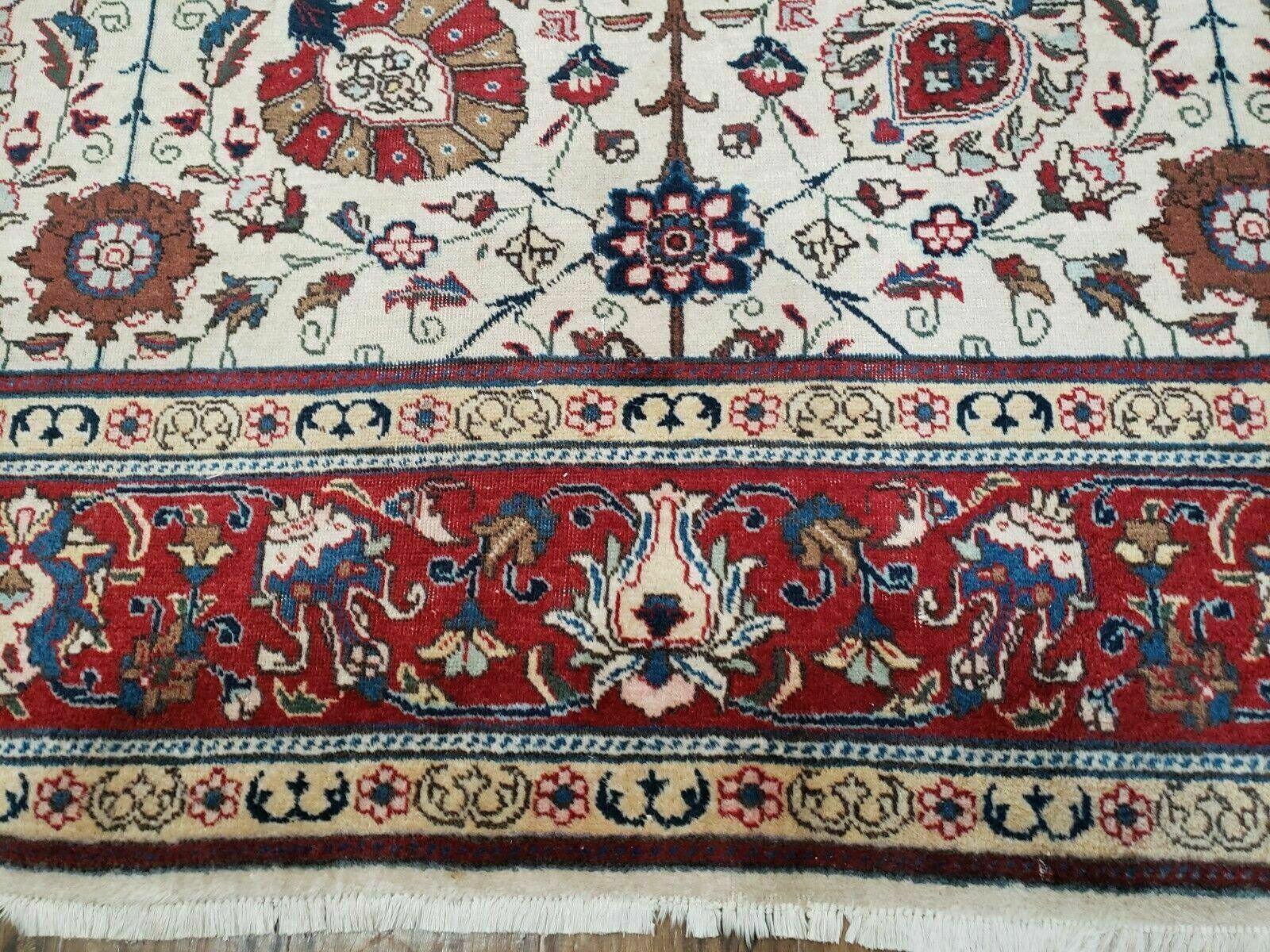 Antique Persian Tabriz Rug 9x12, Hand Knotted Oriental Carpet 9 x 12 ft, Vintage Wool Room Sized Rug, Cream and Red, Floral Allover Handmade Rug - Jewel Rugs