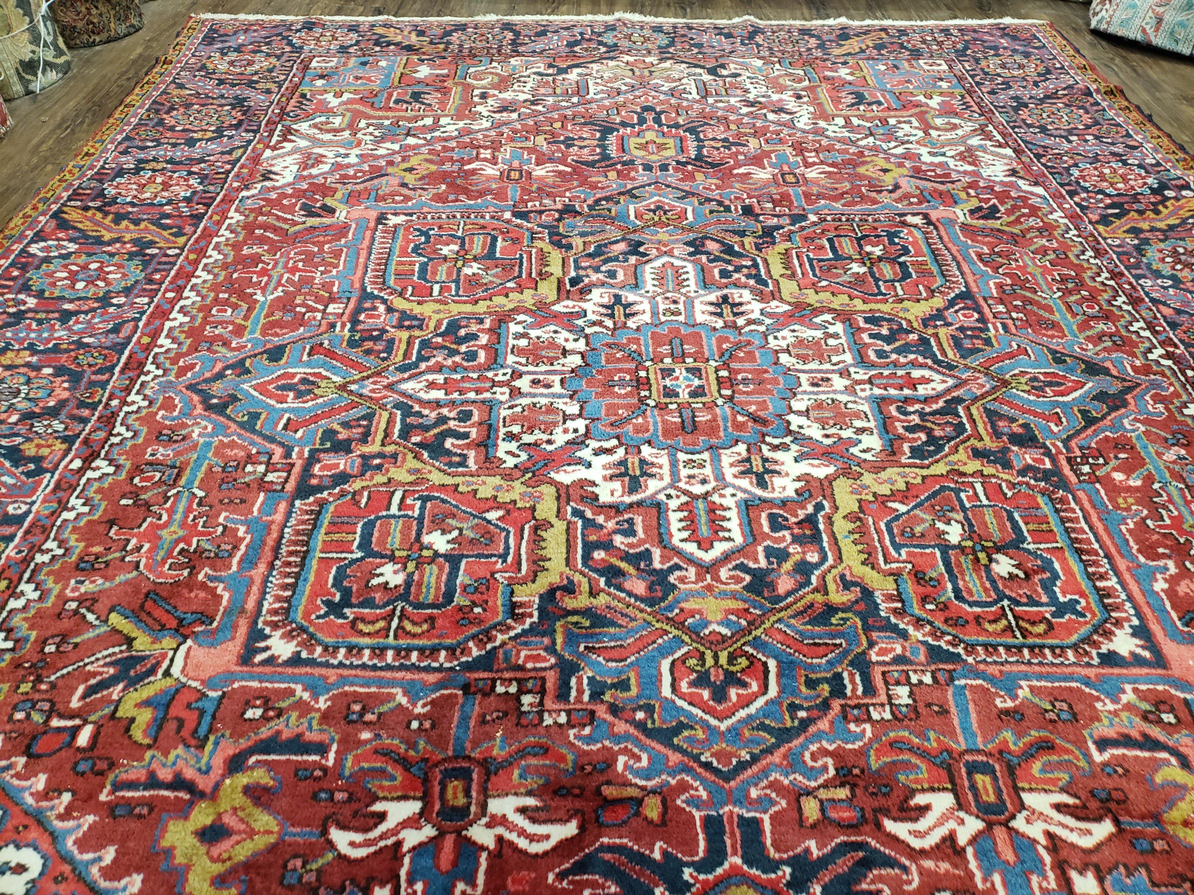 Antique Persian Heriz Rug, Red Dark Blue and Ivory, Wool, Hand-Knotted, Decorative, Tribal, 8' 4" x 11' 3" - Jewel Rugs