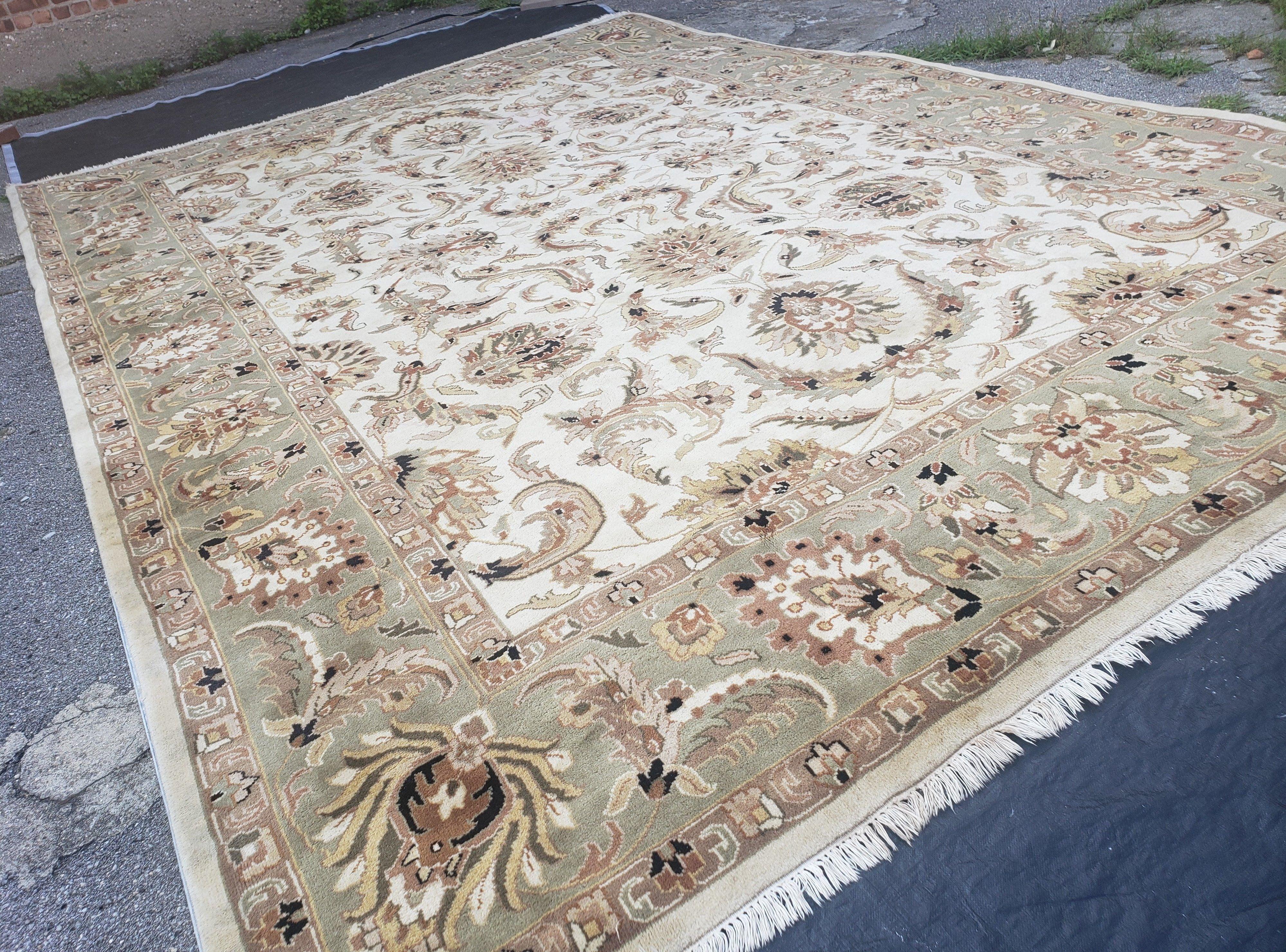 Vintage Indo Mahal Area Rug 10x14, Cream & Laurel Green Hand-Knotted Wool Carpet, Sultanabad Design Rug, 10 x 14 Indian Oriental Rug - Jewel Rugs