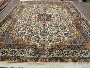 8' X 10' Vintage Persian Allover Floral Design Kirman Area Rug Fine Top Quality Hand-Knotted Wool Beige Sky Blue Veg Dye - Jewel Rugs