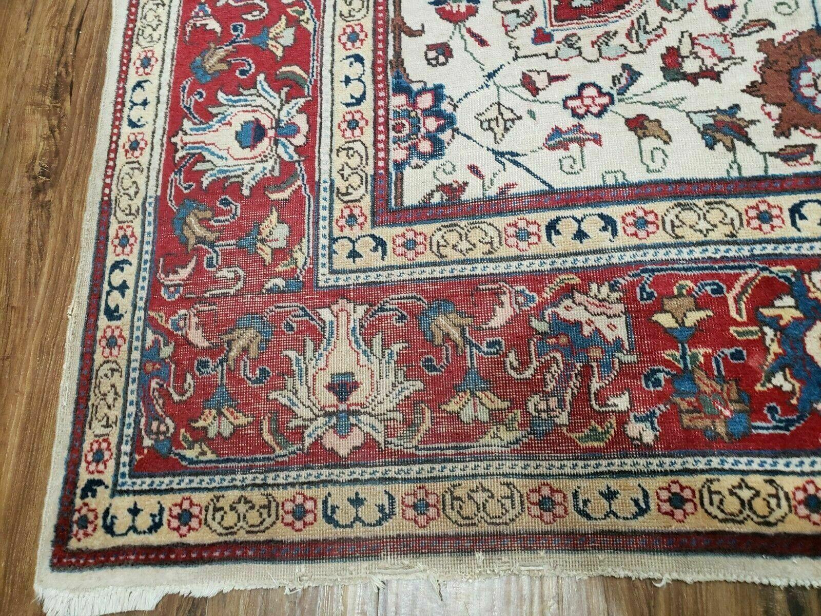 Antique Persian Tabriz Rug 9x12, Hand Knotted Oriental Carpet 9 x 12 ft, Vintage Wool Room Sized Rug, Cream and Red, Floral Allover Handmade Rug - Jewel Rugs