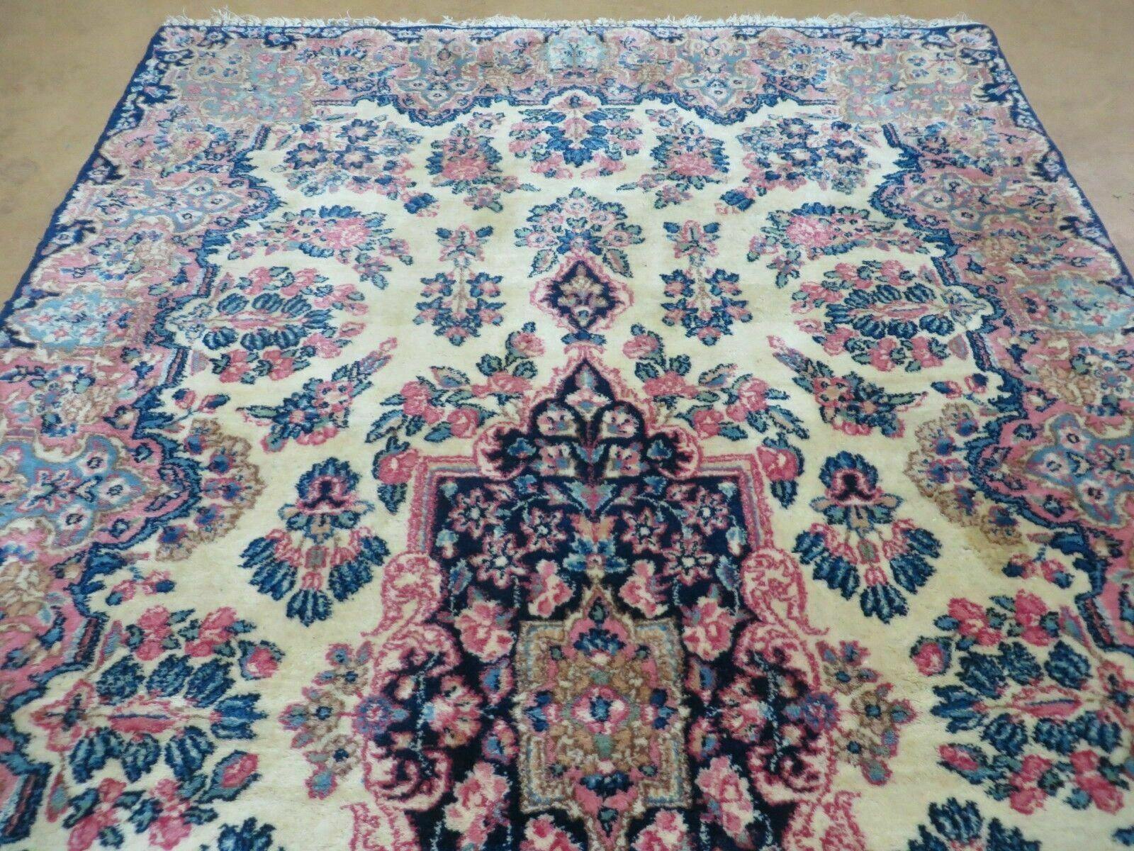 Antique Persian Kirman Rug 3.9 x 6.6, Floral Oriental Carpet, Ivory/Cream - Blue - Pink, Hand Knotted Wool Rug, Floral Medallion Rug 4x6 - Jewel Rugs