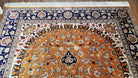 Vintage Persian Qum Silk Rug 4.6 x 6.7, Burnt Orange and Navy Blue, Antique Oriental Very Fine Signature Master Weaver 350+ KPSI Ghom Qom 5x7 Rug - Jewel Rugs