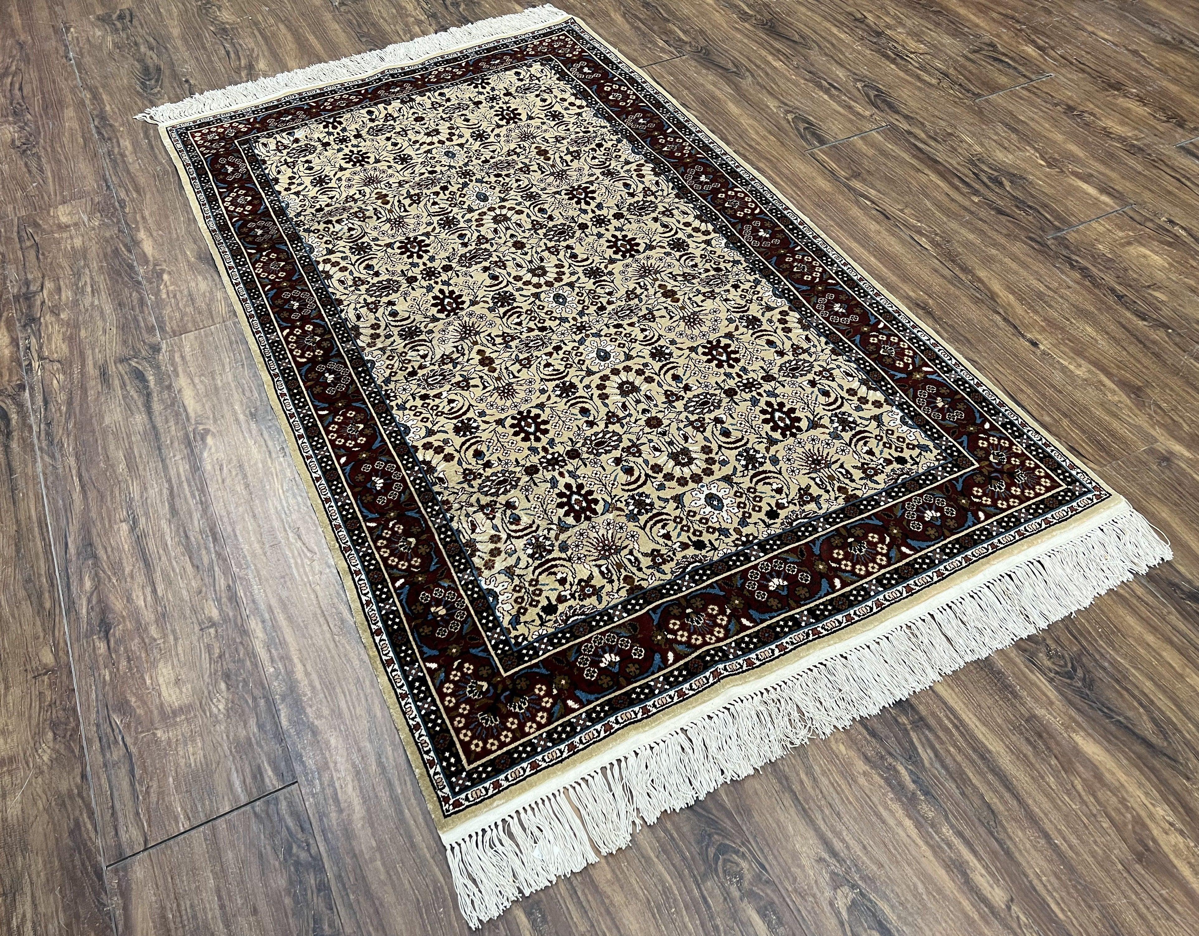 Fine Sino-Persian Silk Rug 3x5, High Quality Silk Carpet, Handmade Small Silk Rug, Allover Repeated Motif, Tan Maroon Blue Vintage Silk Rug - Jewel Rugs