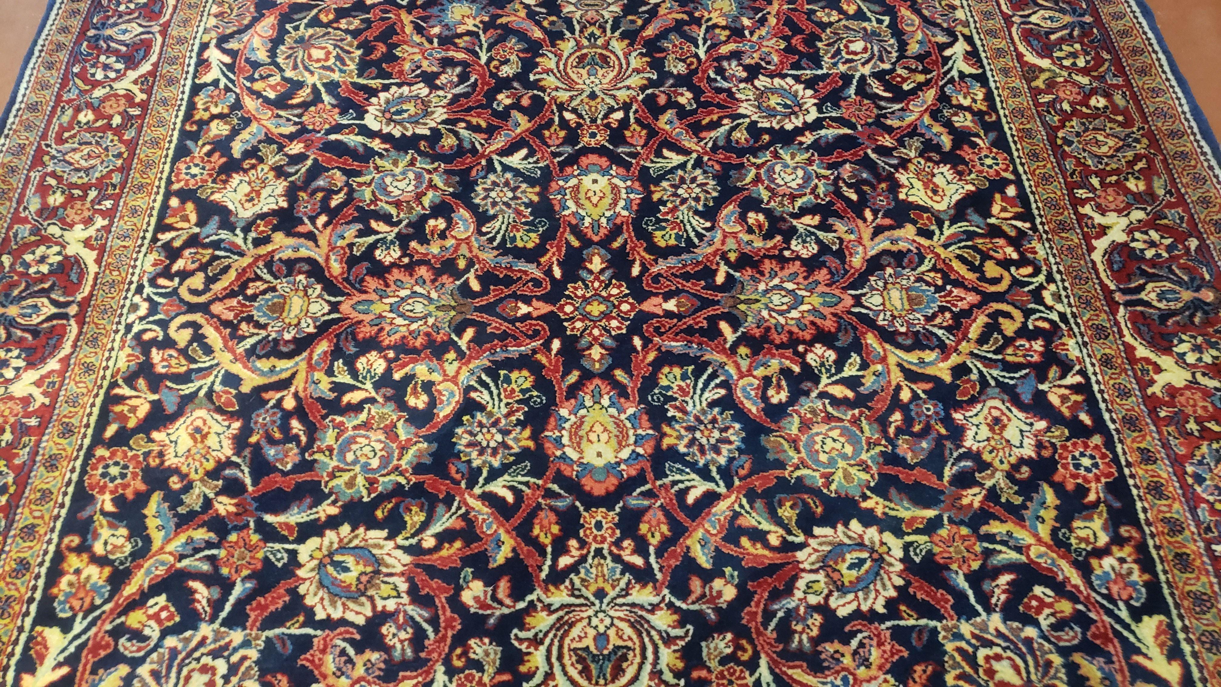 Vintage Persian Kashan Rug, Hand-Knotted, Wool, Dark Blue and Dark Red, 4' 4" x 6' 9" - Jewel Rugs