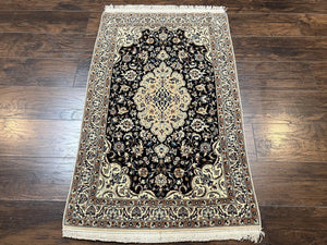 Fine Vintage Persian Nain Rug 2.8 x 4.2, Floral Medallion, Navy Blue and Cream, Highly Detailed, Small Oriental Rug 2.5 x 4, Hand Knotted Wool & Silk Accents - Jewel Rugs