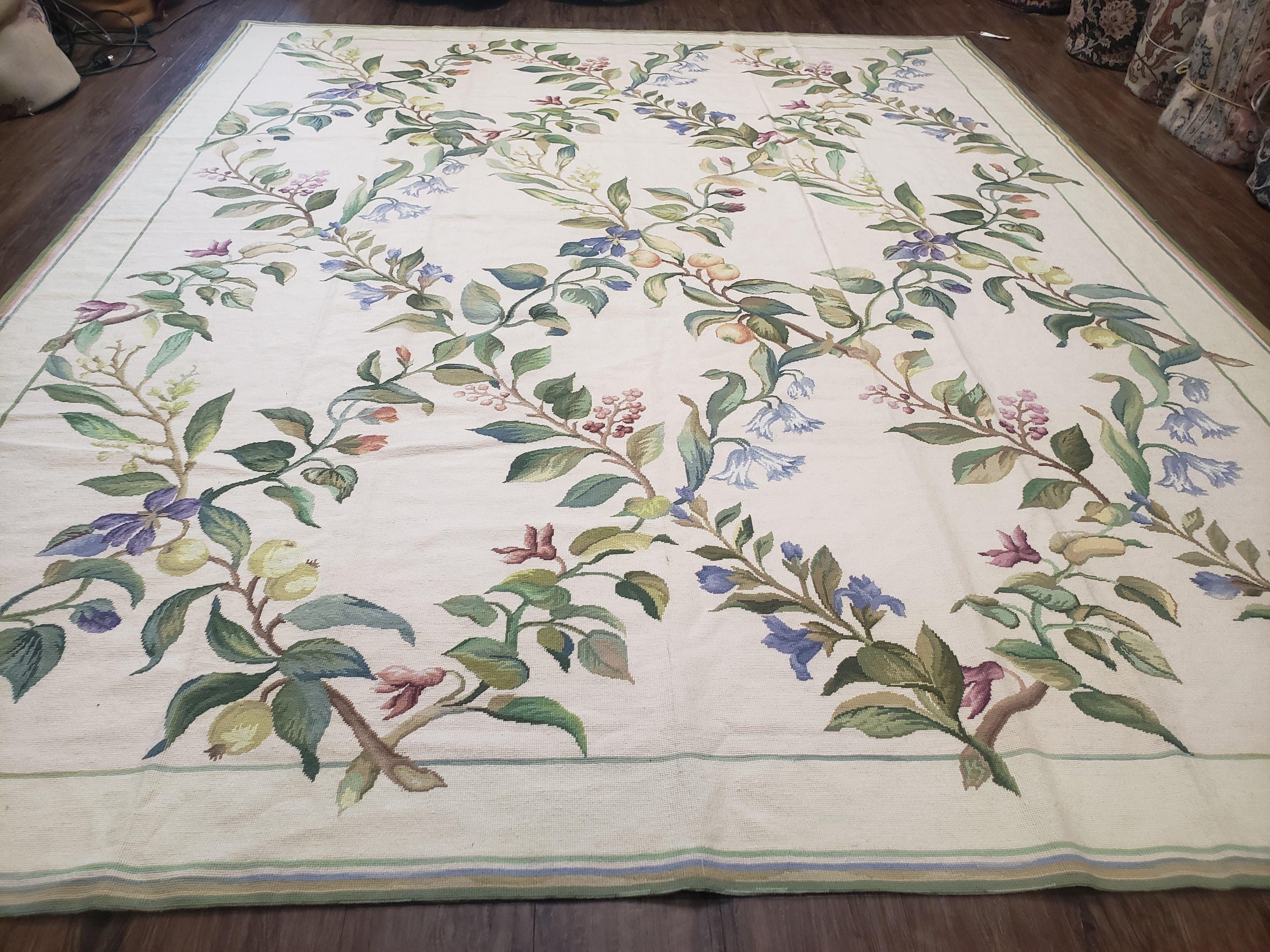 Vintage Chinese Needlepoint Area Rug 8x10, Flatweave Aubusson Carpet 8 x 10, Wool Hand-Knotted Ivory & Green Leaves Floral Aubusson Rug - Jewel Rugs