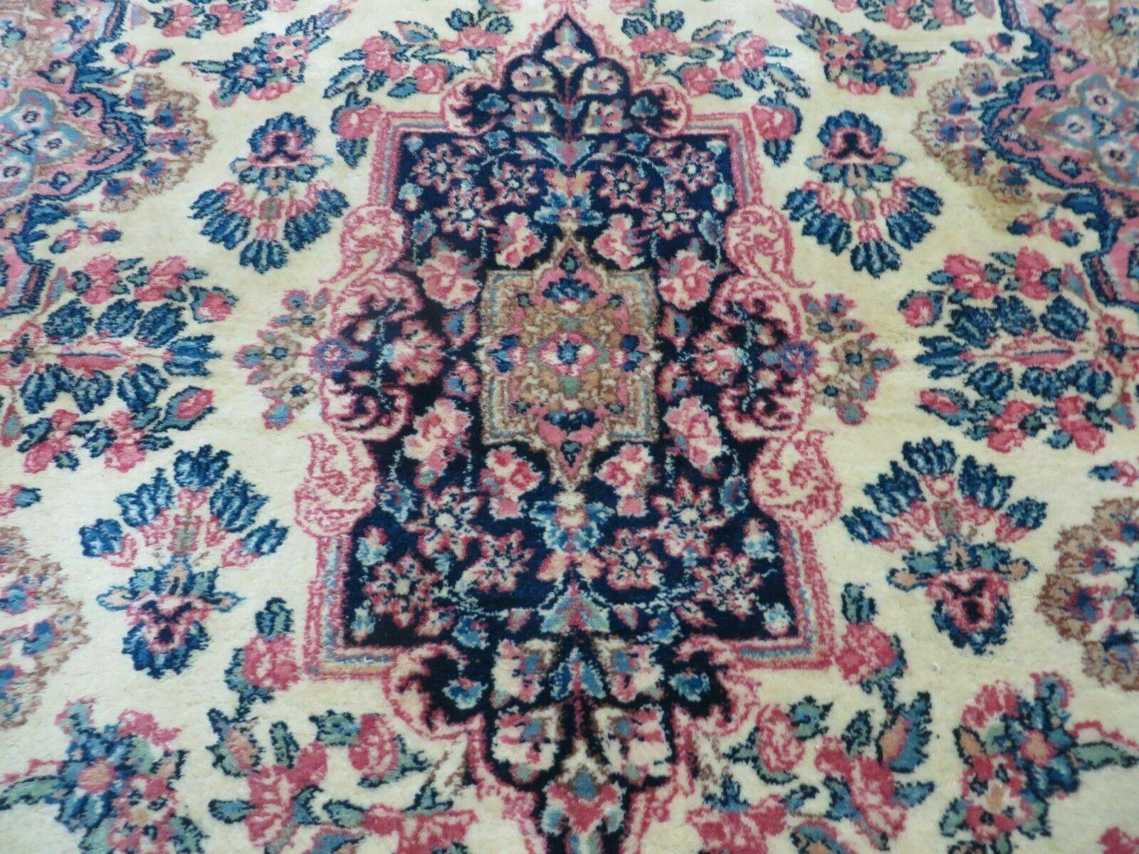Antique Persian Kirman Rug 3.9 x 6.6, Floral Oriental Carpet, Ivory/Cream - Blue - Pink, Hand Knotted Wool Rug, Floral Medallion Rug 4x6 - Jewel Rugs
