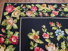 Vintage Black Floral Needlepoint Area Rug 5x8 - 6x9, Large Red & Pink Rose Flowers, Wool Hand-Woven Petitepoint Flatweave Living Room Carpet - Jewel Rugs