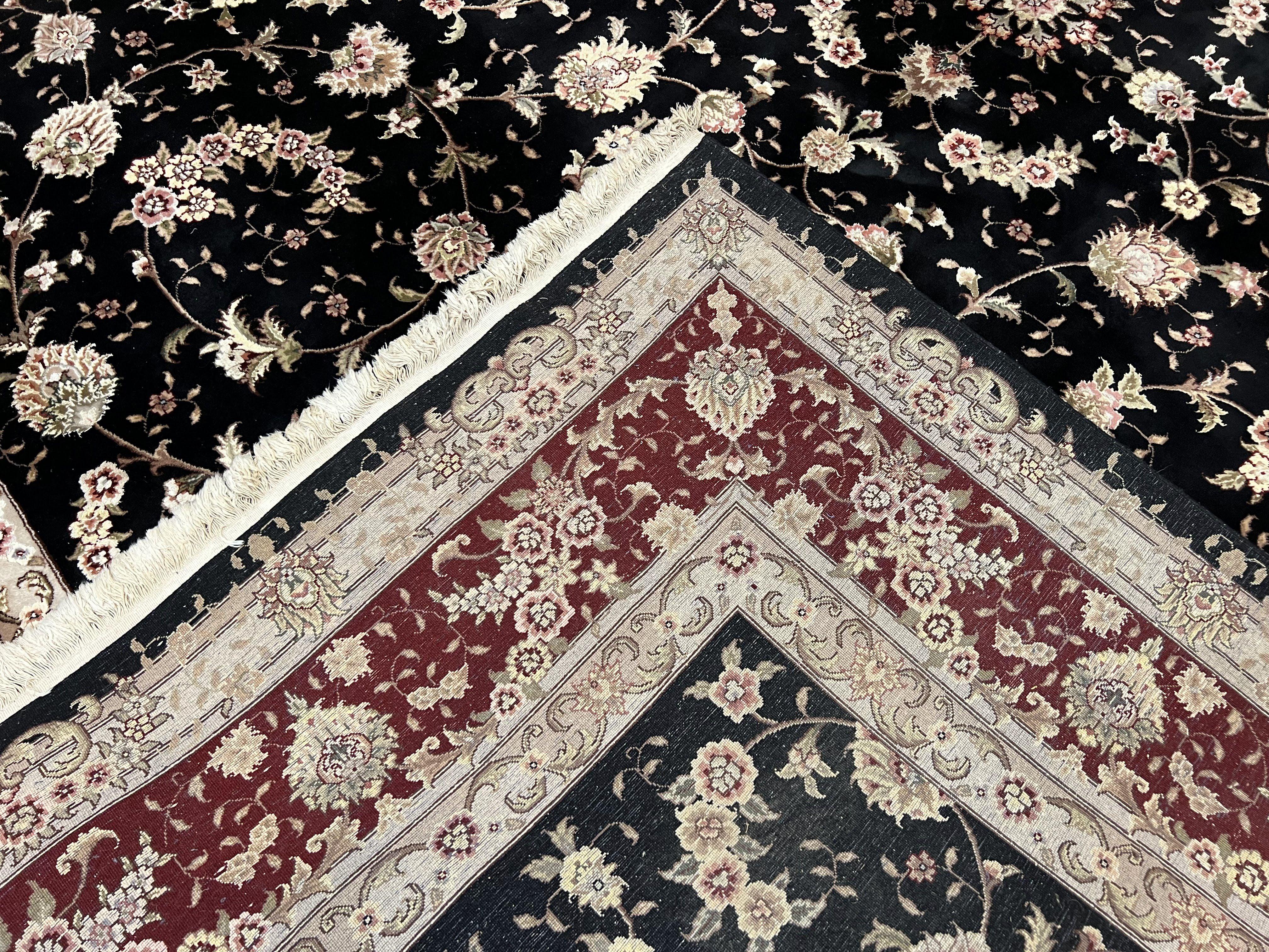 Sino Persian Rug 9x12, High Quality Oriental Carpet, Black and Maroon, Wool and Silk, Allover Floral Pattern, Hand Knotted, Vintage Rug Nice - Jewel Rugs