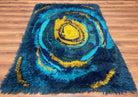 Mid Century Rya Danish Shag Rug 4.7 x 6.8, Multicolor Blues and Gold, Vintage Retro 1960s Shag Rug, Unique Carpet, Vintage Area Rug - Jewel Rugs