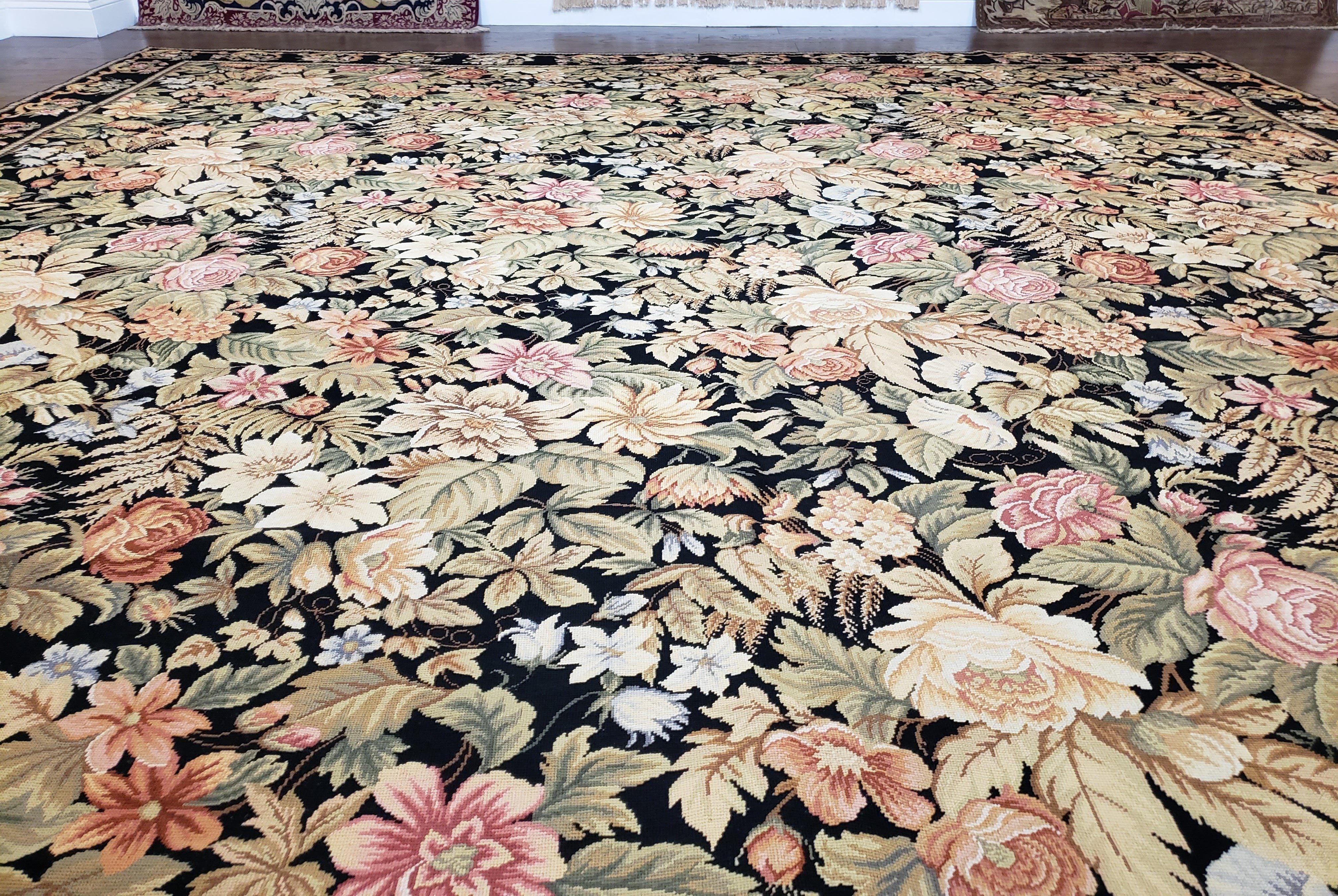 William Morris Rug 12x17 - 12x18, Flat Pile Needlepoint Carpet, Black Oversized Palace Sized Rug, Wool Hand-Woven, Large Floral Flowers Rug - Jewel Rugs