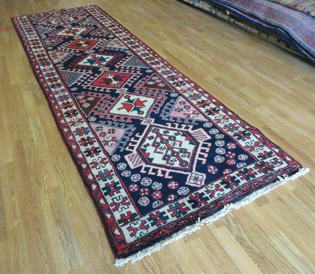 Persian Tribal Runner Rug 3.5 x 10.7, Persian Karajeh Heriz Rug, Hand Knotted Antique Wool Vegetable Dyed Hallway Runner, Navy Blue Red Off White, Geometric Medallions - Jewel Rugs