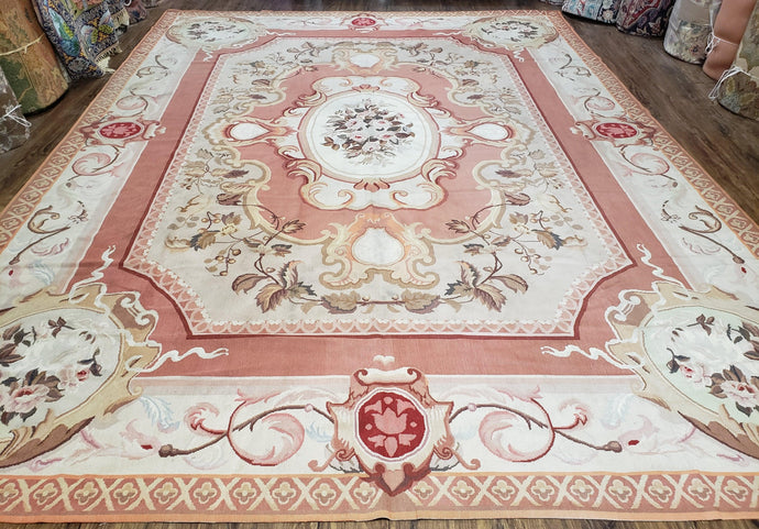Needlepoint Rug 9x12, Classic Aubusson Rug, Room Sized Rug, 9x12 Rug, Dining Room Rug, Pink & Ivory Area Rug, Vintage French Victorian - Jewel Rugs