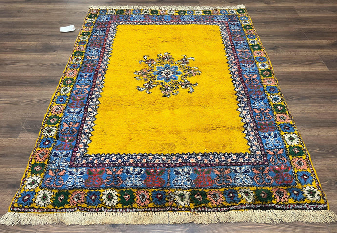 Bright Moroccan Rug 5x6, Rabat Rug 5 x 6, Mustard Yellow and Blue, Open Field and Medallion, Soft Wool Oriental Carpet, Handmade Vintage Rug - Jewel Rugs