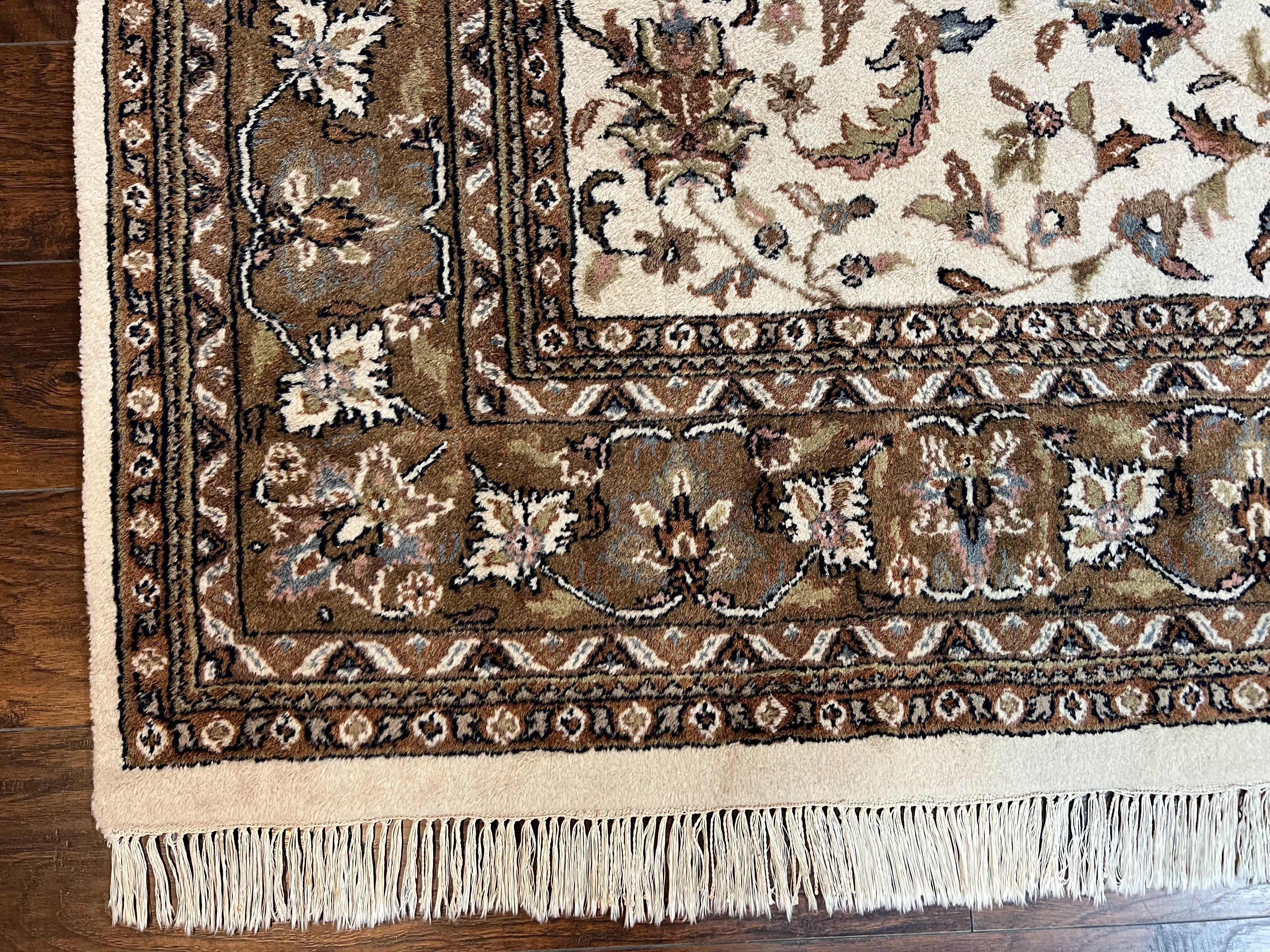 Indo Kirman Rug 8x12 Allover Floral Design, Ivory/Cream Brown, Vintage Handmade Hand Knotted Rug, Traditional Wool Persian Carpet 8 x 12 - Jewel Rugs