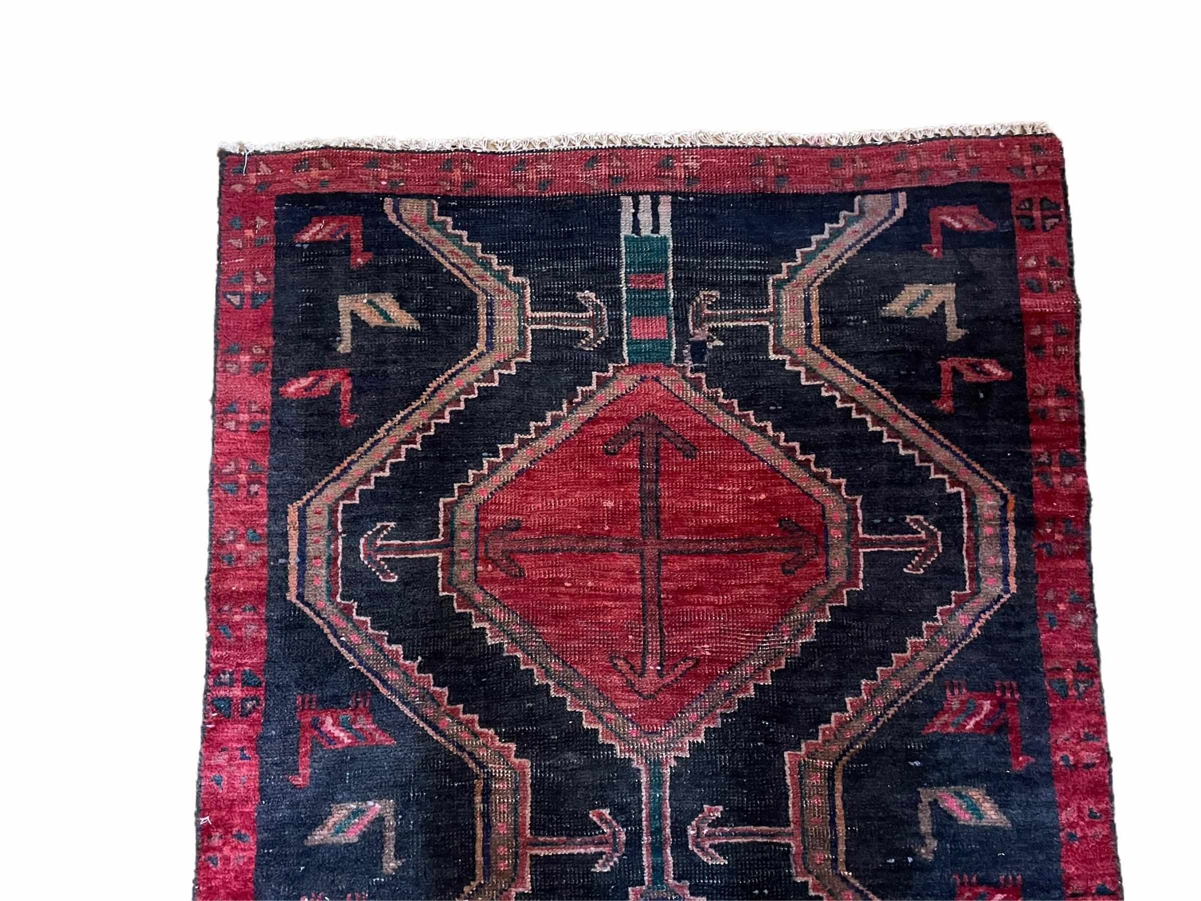 3 X 7 Handmade Wool Tribal Runner Rug Geometric Red Blue Boho Organic Dyes - Jewel Rugs