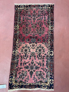 Antique Persian Sarouk Rug 2.4 x 4.9, Red and Dark Blue, Floral, Hand-Knotted, Small Carpet, Traditional, Authentic Oriental Rug 1920s Nice - Jewel Rugs
