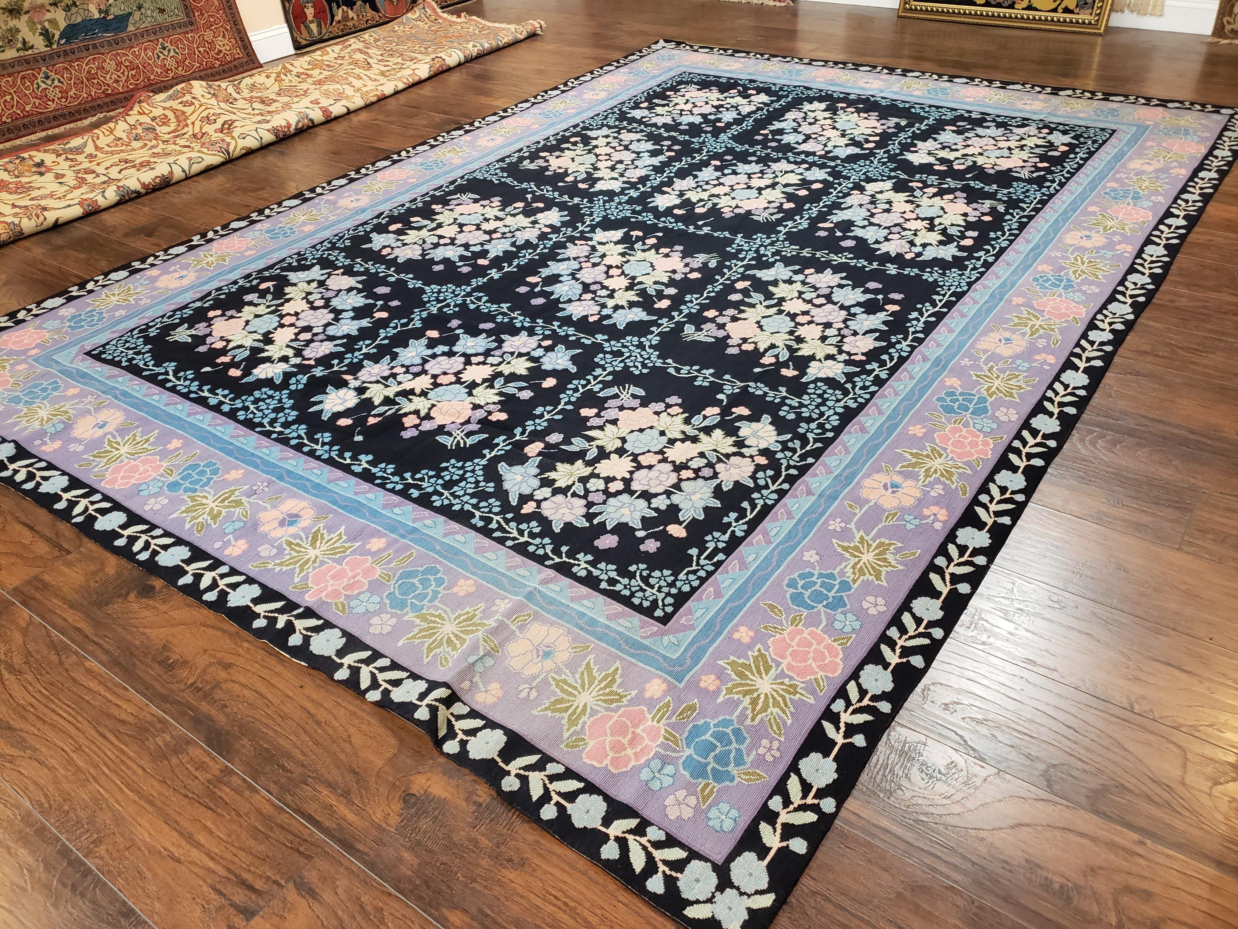 Chinese Needlepoint Rug 8 x 11.4, Hand-Woven Area Carpet, Flatweave Rug, Black Blue Light Violet Floral Garden European Design Wool Aubusson - Jewel Rugs