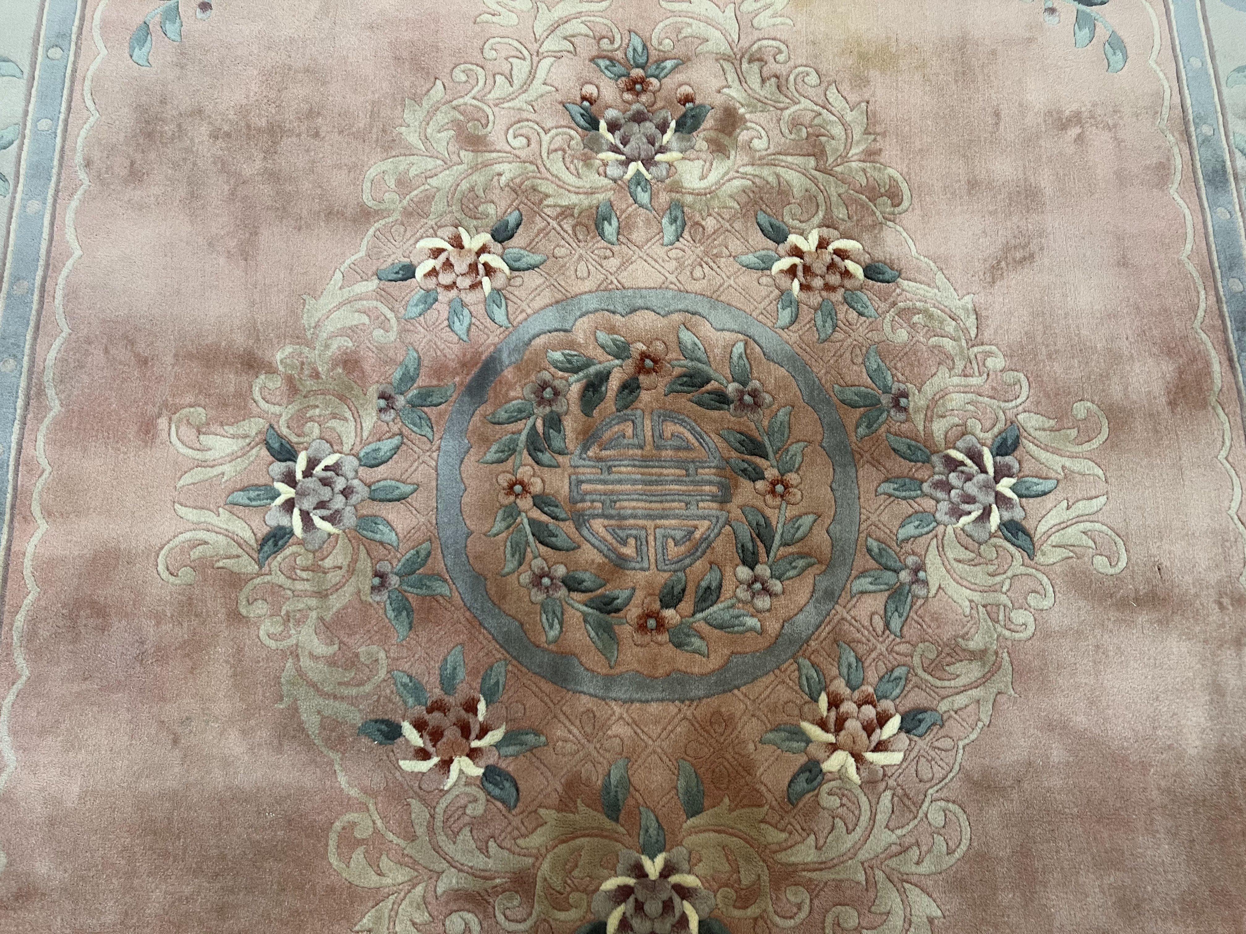 Chinese Wool Rug 8x11, Vintage 1960s Carpet, Light Pink and Gray, Hand Knotted Soft Plush Living Room Area Rug, Asian Oriental Rug 90 Line - Jewel Rugs