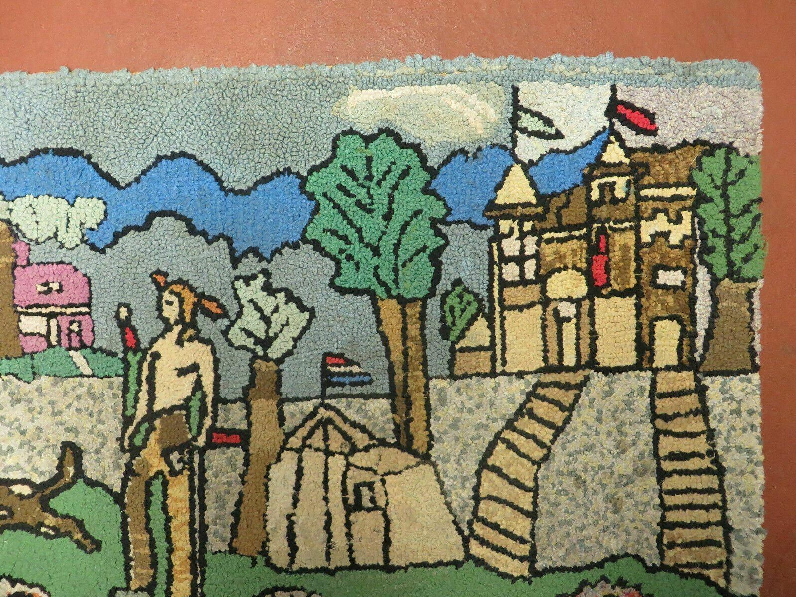 22" X 39" Antique Handmade Hooked Rug Wool Pictorial Native American Prairie Detailed Dog Flag - Jewel Rugs