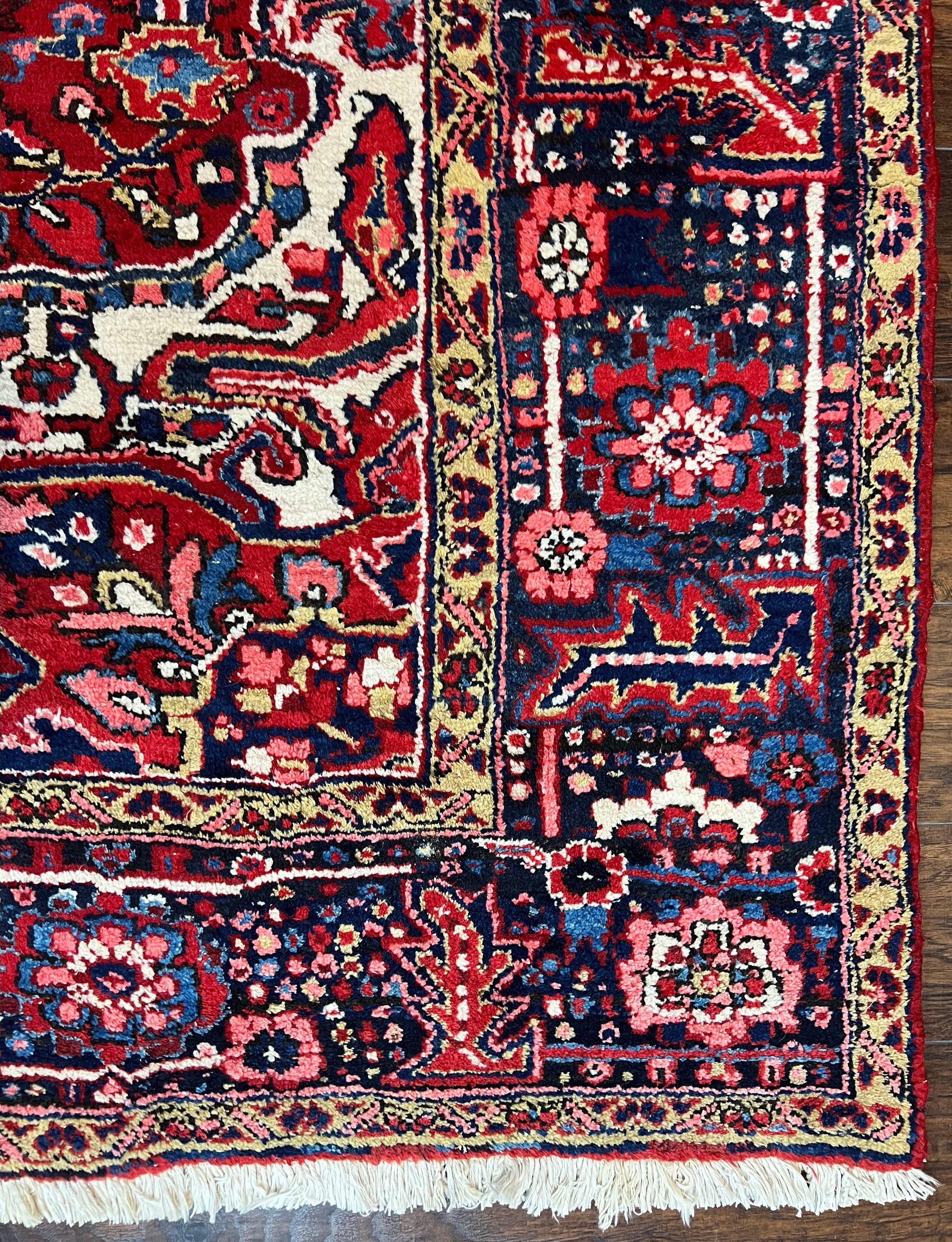 Persian Heriz Rug 8x12, Vintage Geometric Medallion Carpet, Semi Antique Wool Handmade Room Sized Oriental Rug 8 x 12, Red Dark Blue Ivory - Jewel Rugs