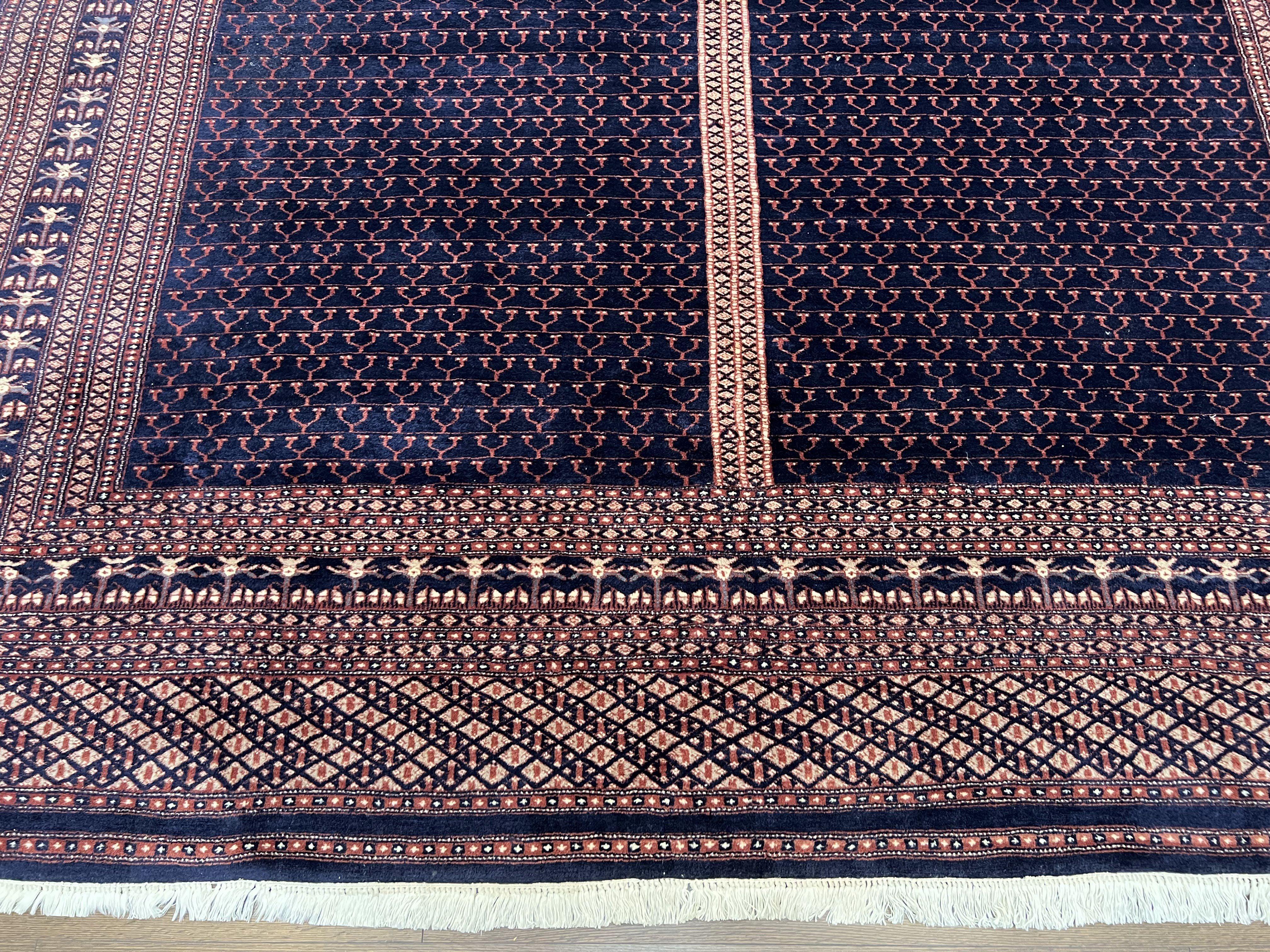 Pakistani Rug 8x11, Hand Knotted Wool Carpet, Navy Blue Red Beige, Four Season Hatchli Design, 8 x 11 Vintage Fine Oriental Rug, Room Sized - Jewel Rugs