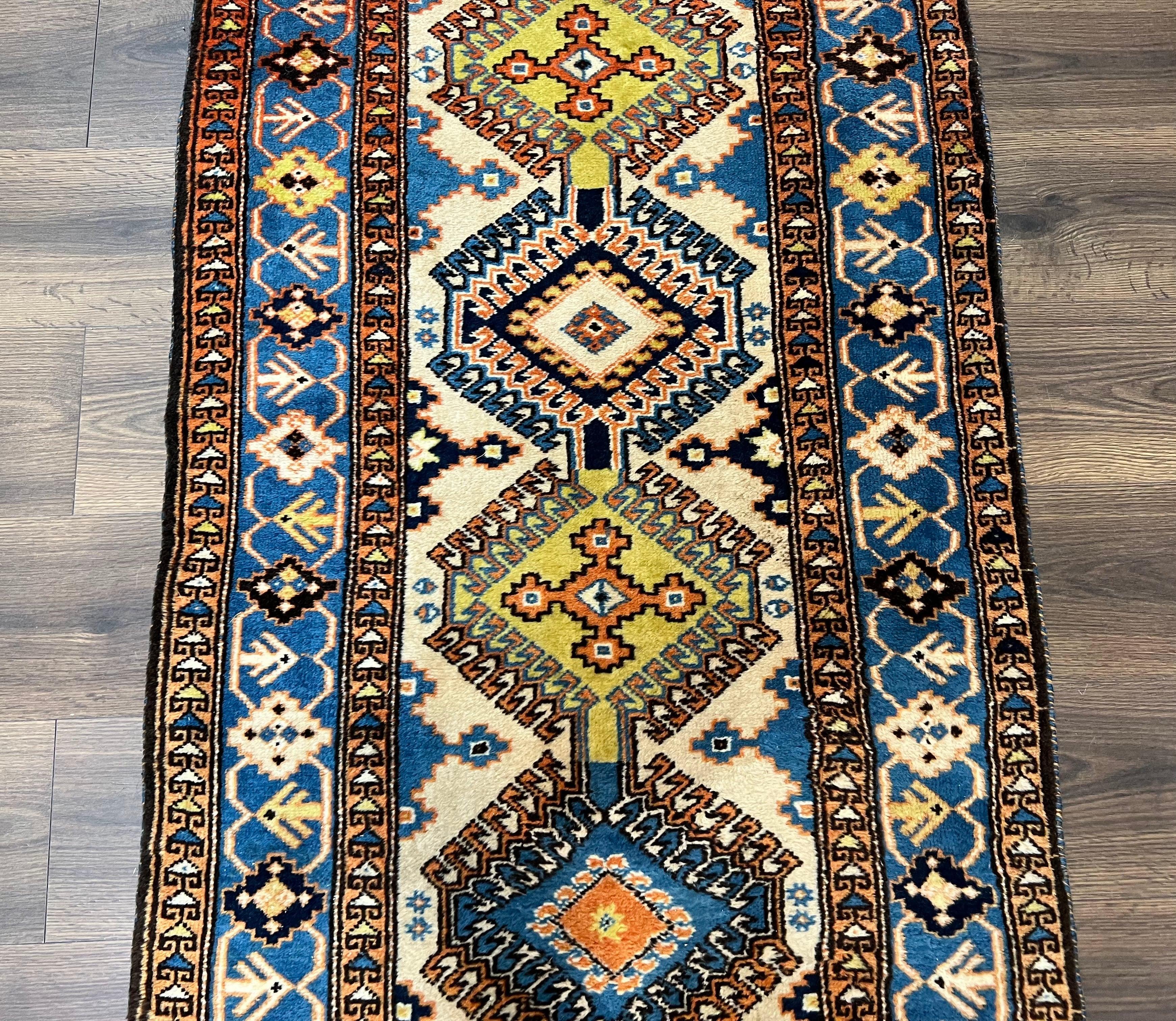 Colorful Turkish Runner Rug 3 x 13 ft, Caucasian Design, Vintage Runner Rug, Wool Hallway Runner, Blue Cream Yellow, Handmade Tribal Rug - Jewel Rugs