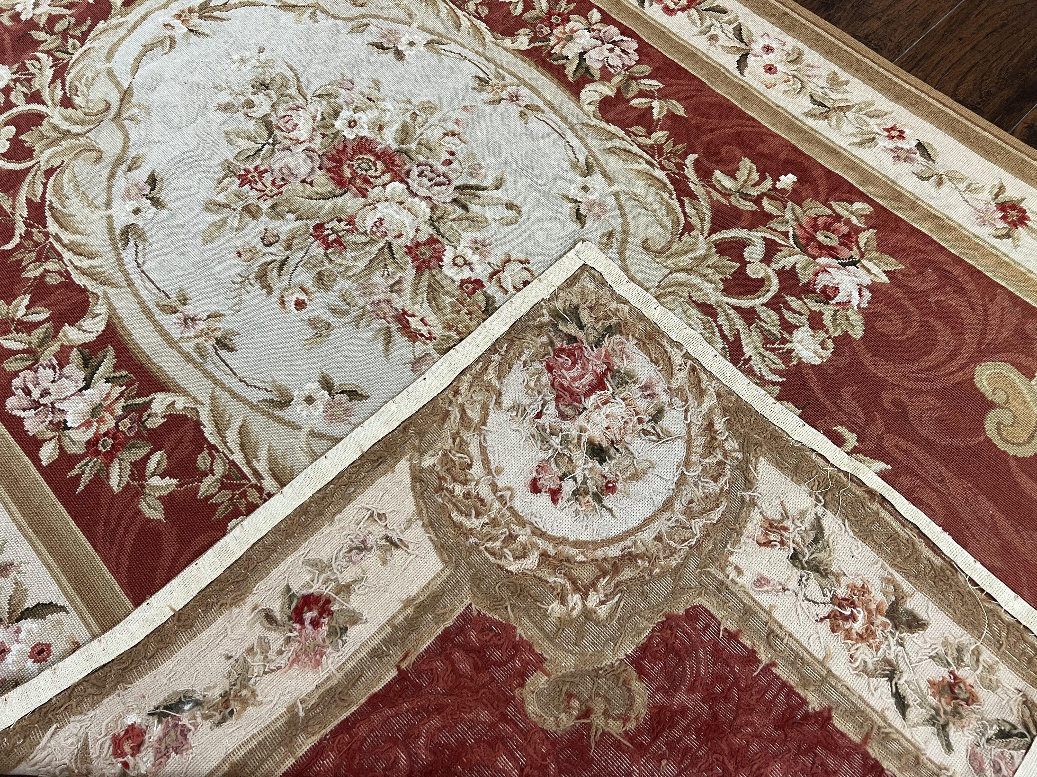 Aubusson Needlepoint Rug 5x8, Red Ivory Tan, Vintage Needlepoint Carpet 5 x 8 ft, Handmade Hand woven Wool, French European, Medium Size Rug - Jewel Rugs