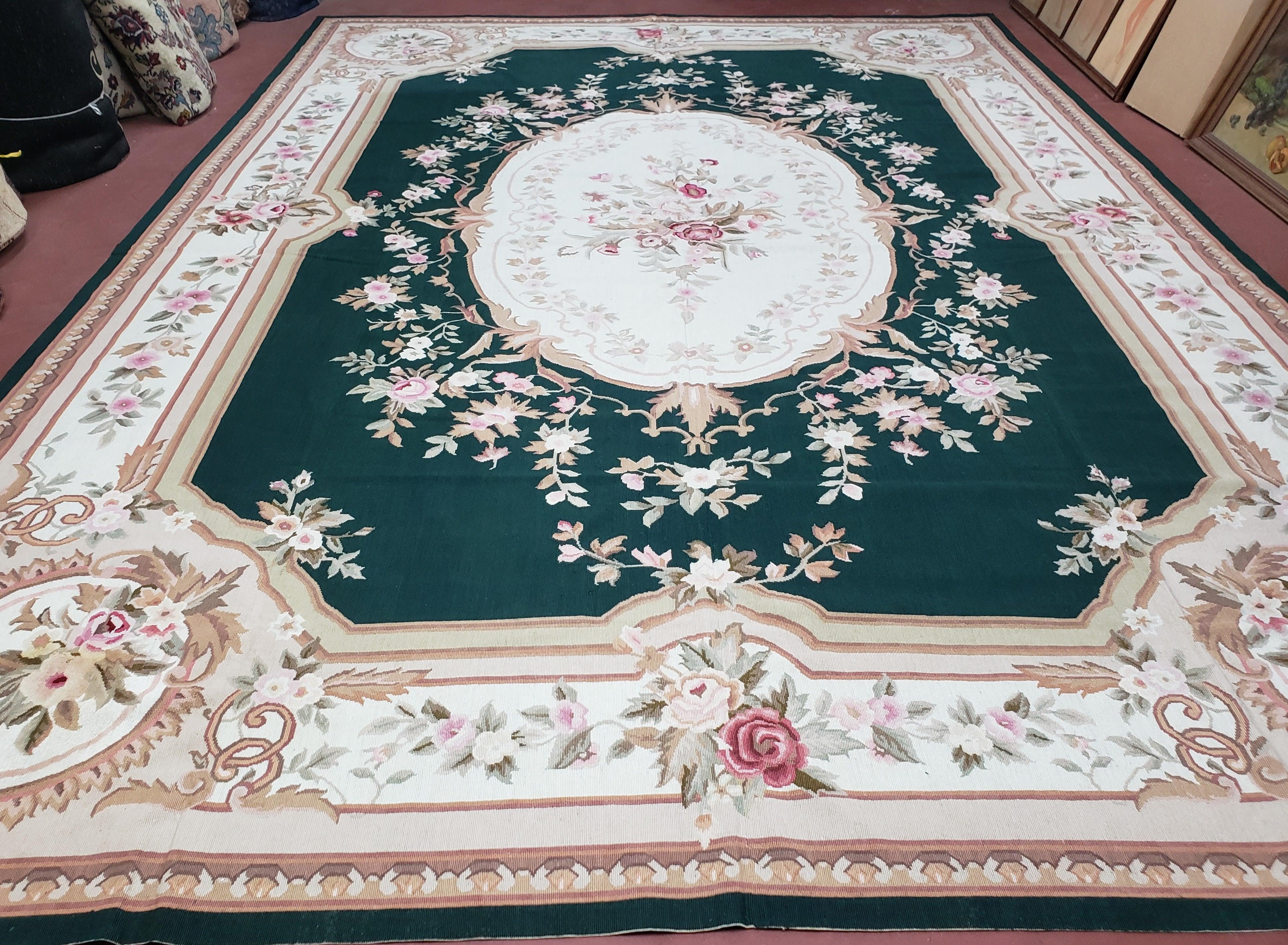 Dark Green Aubusson Rug, 10x14 Needlepoint Carpet, Vintage Wool Savonnerie Rug, Green and Ivory, Flatweave, Elegant, Large Handmade Rug - Jewel Rugs