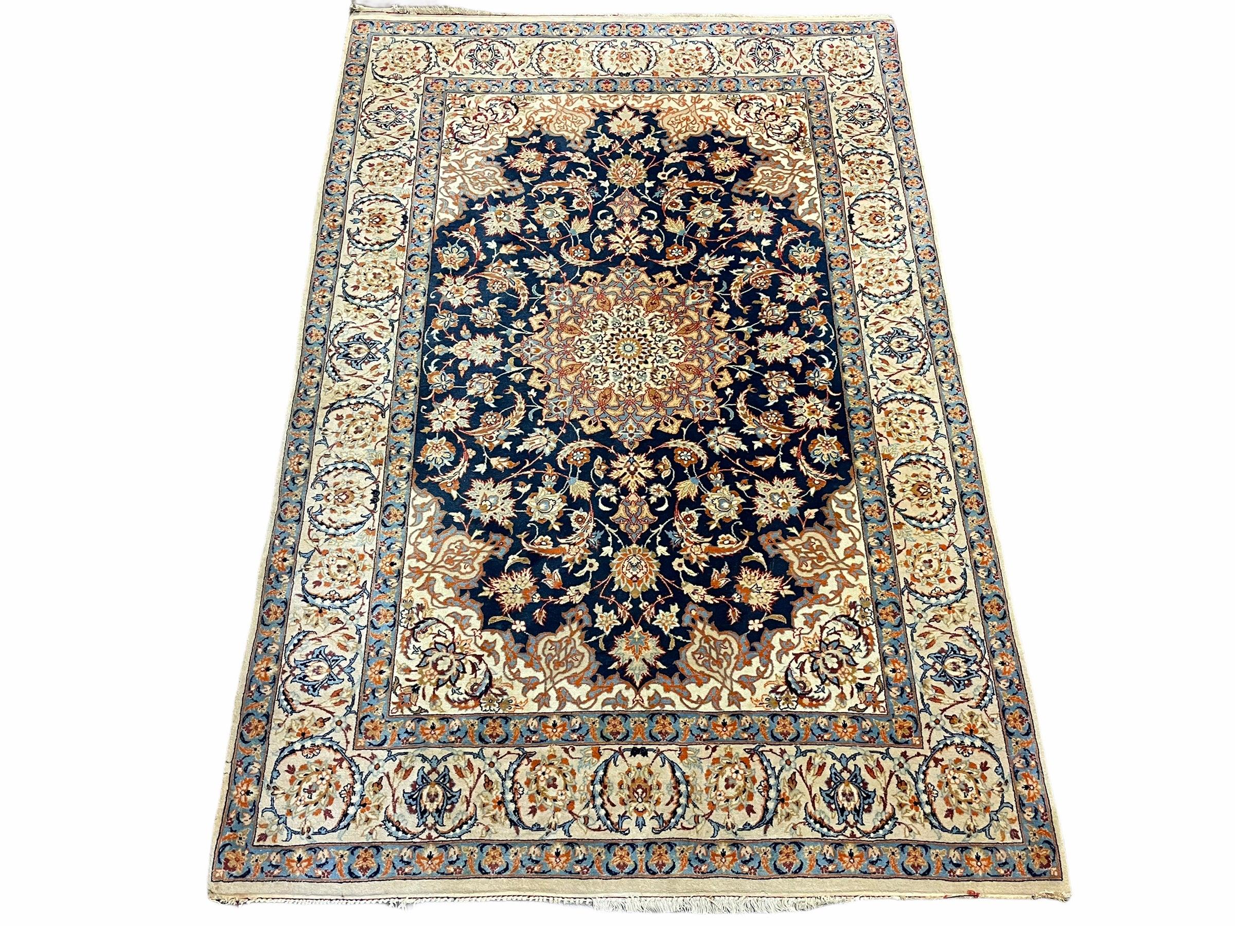 Persian Isfahan Rug 4x5, Navy Blue & Ivory, Wool and Silk Highlights - Jewel Rugs