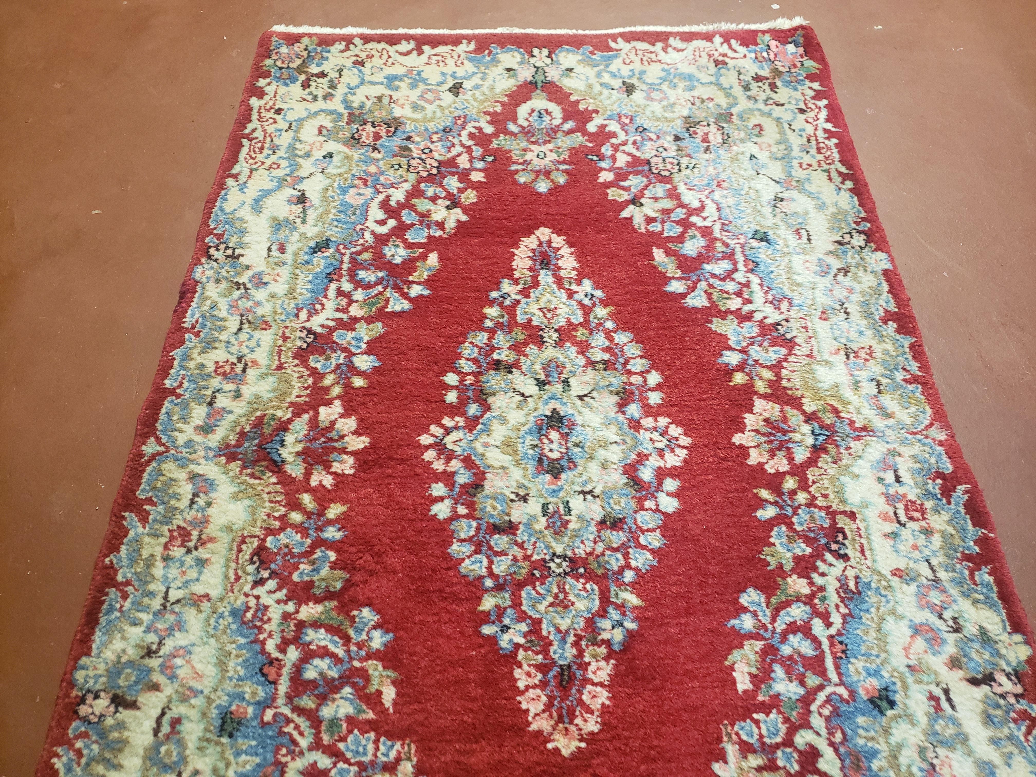 3x5 Persian Kirman Rug, Oriental Persian Carpet 3 x 5, Wool Vintage Hand-Knotted Rug, Floral Medallion, Open Field, Small Rug, Red Beige Light Blue - Jewel Rugs