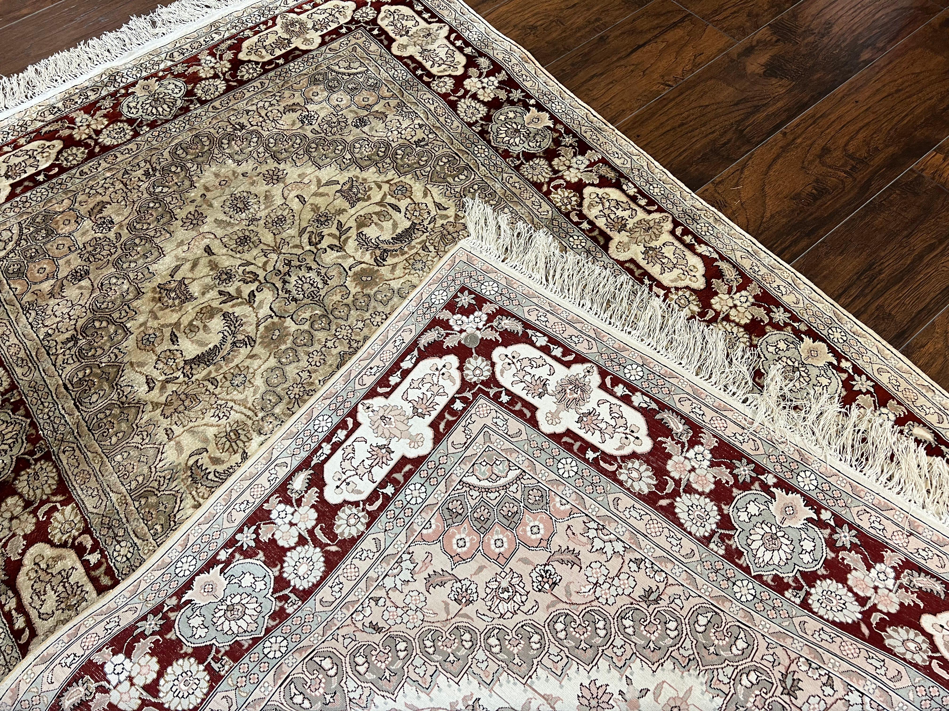 Silk Indian Kashmiri Rug 4x6 ft, Floral Medallion Hand Knotted Handmade Oriental Carpet, Vintage, Cream Burgundy, Very Fine Silk Rug 4 x 6 - Jewel Rugs