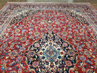 Persian Kashan Rug 9.6 x 13.5, Red and Blue Antique Persian Carpet, Hand Knotted, Medallion Allover Floral, High Quality Large Wool Carpet - Jewel Rugs