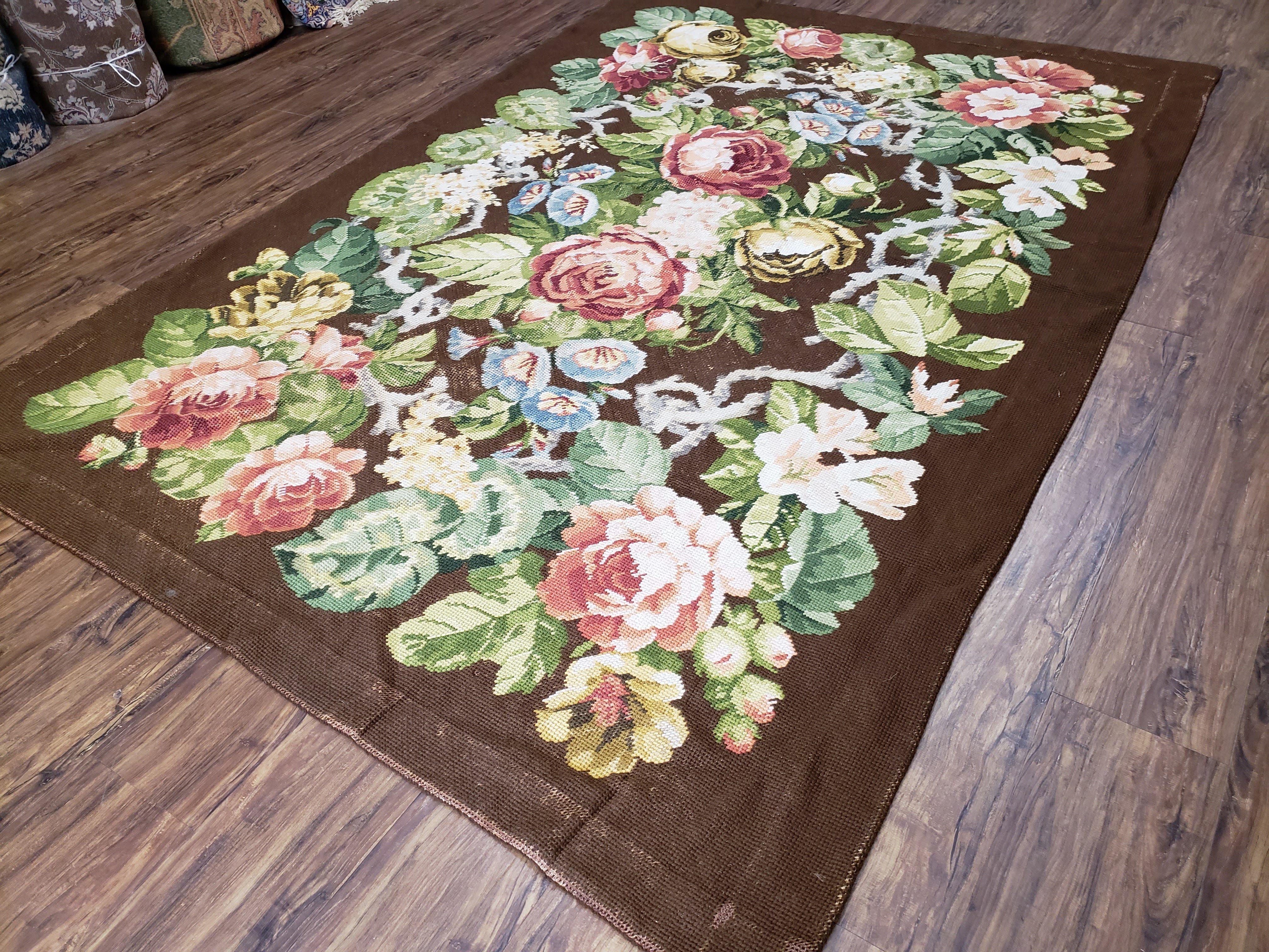 Floral Needlepoint Rug, Medium Rug, Vintage Area Rug, Handmade Flat Weave Rug, Dark Brown Rug, Multicolor Large Colorful Flowers, 5x8 - 6x8 - Jewel Rugs