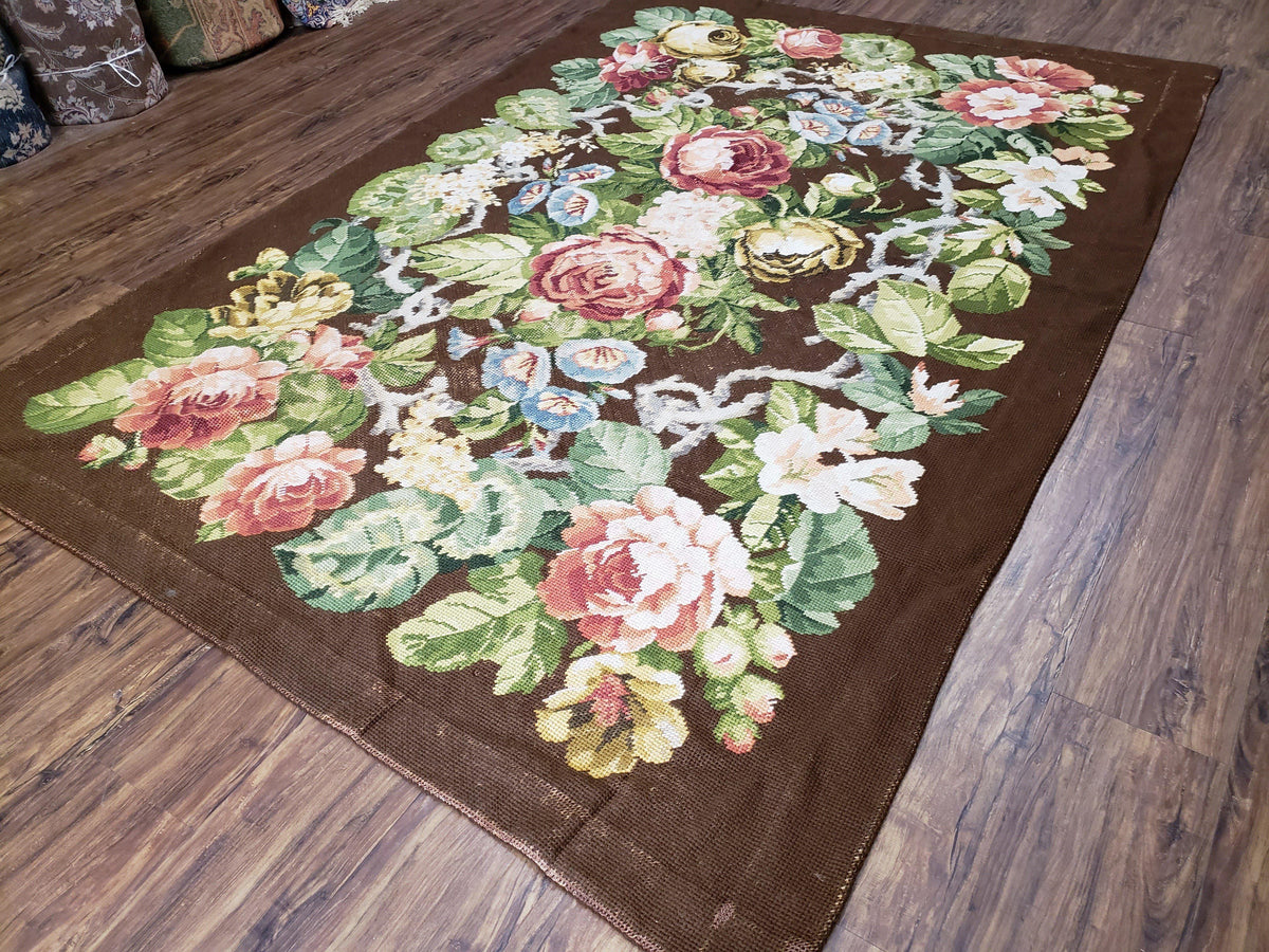 Floral Needlepoint Rug, Medium Rug, Vintage Area Rug, Handmade Flat We