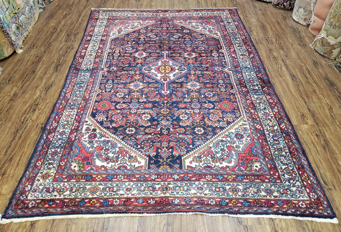Antique Persian Rug 6x9, Tribal Medallion Oriental Carpet, Navy Blue Red & Ivory, Bohemian Decor Rug, Handmade Hand-Knotted Wool Area Rug - Jewel Rugs