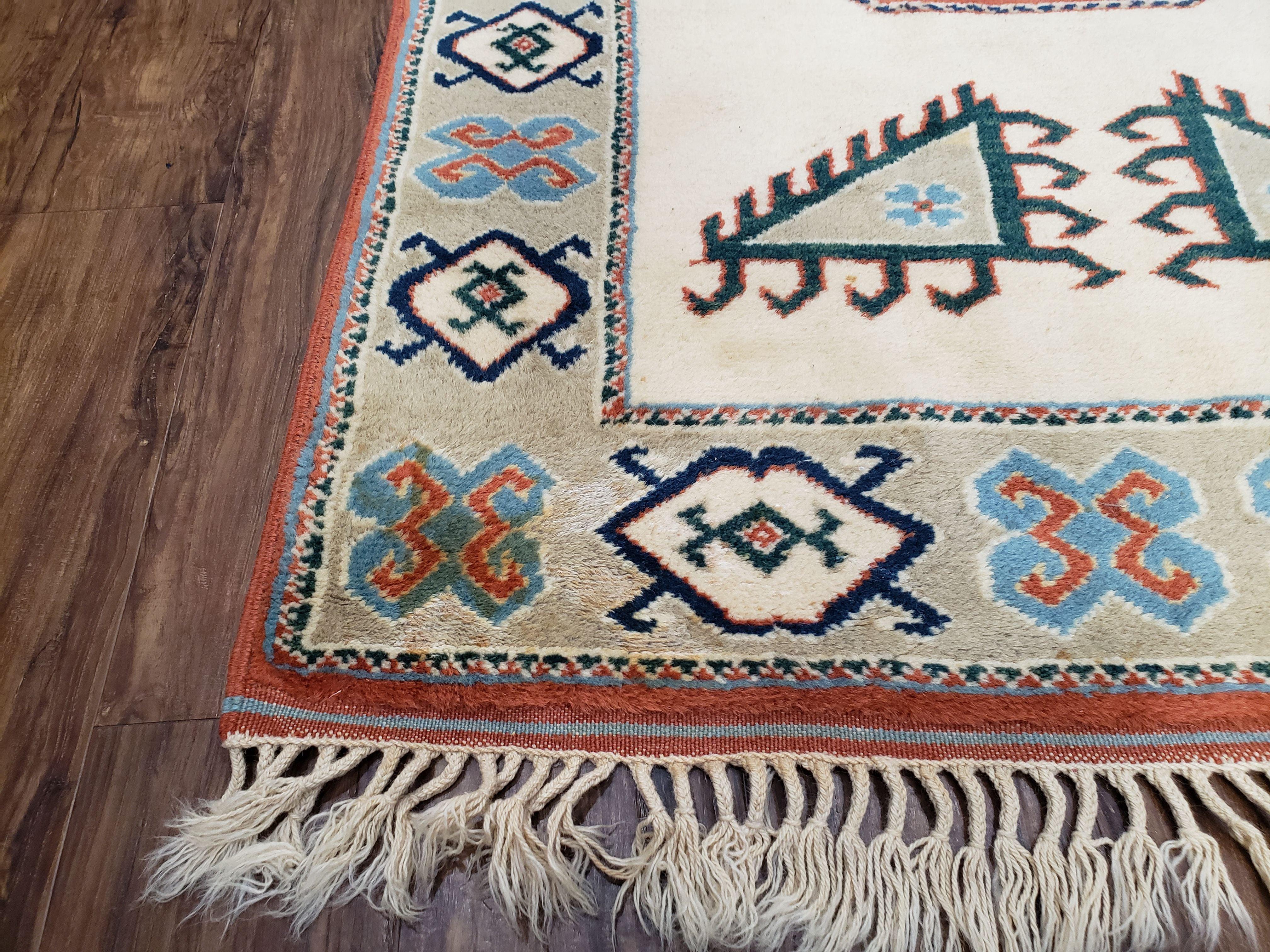 Vintage Turkish Rug 4x6, Beige Red Gray Carpet, Caucasian Design, Tribal Rug, Hand-Knotted, Boho Rug, Bohemian Home Decor - Jewel Rugs