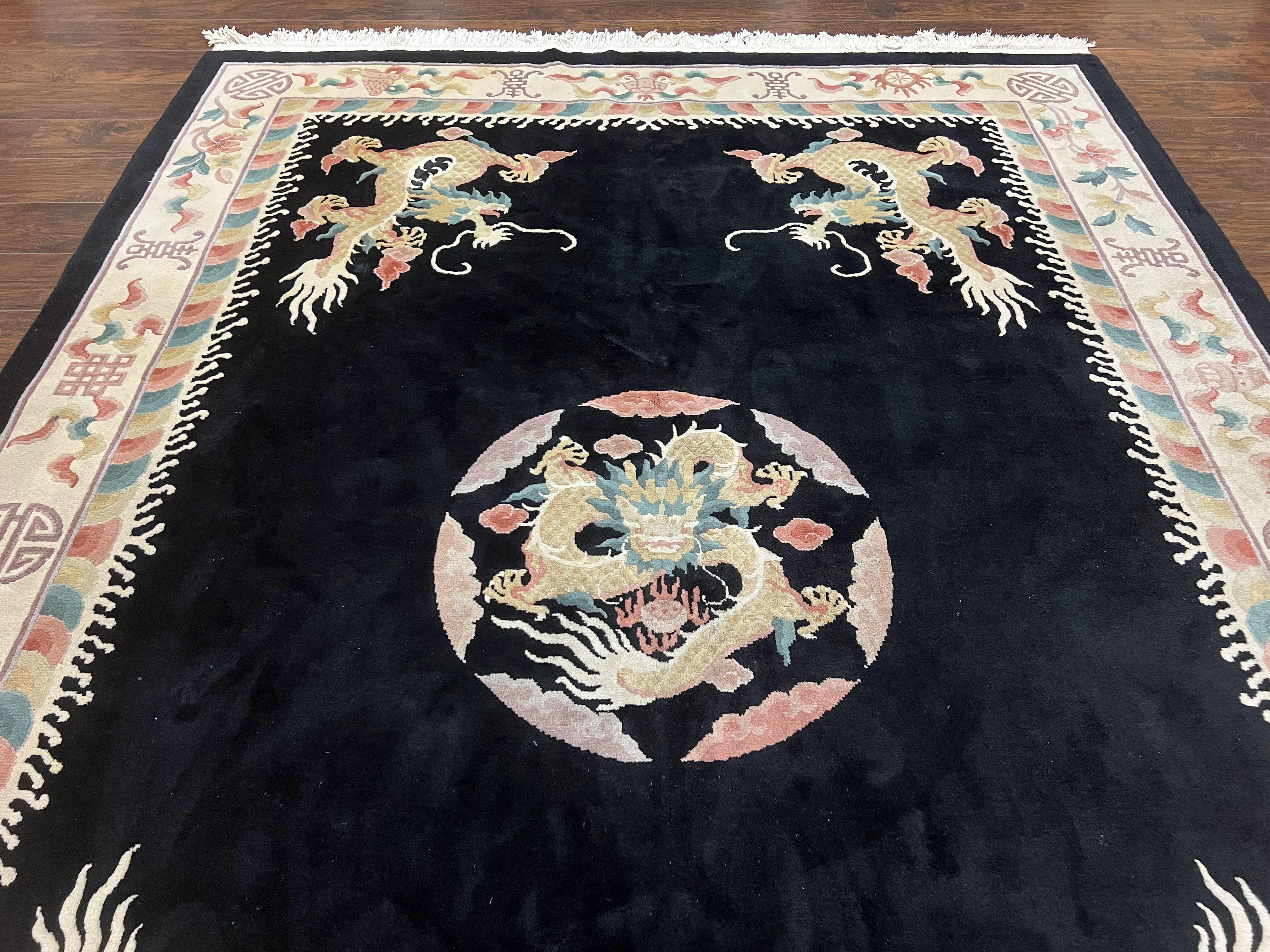 Chinese Wool Rug 8x11, Dragon Medallion and Dragon Corners, Black and Beige, Soft Wool, Asian Oriental Art Deco Carpet, Hand Knotted 90 Line - Jewel Rugs