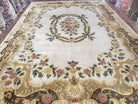 Aubusson Rug 10x14, Elegant French European Design, Vintage Handmade Carpet with Pile, Beige Floral Dining Room Rug, Living Room, Soft Wool - Jewel Rugs