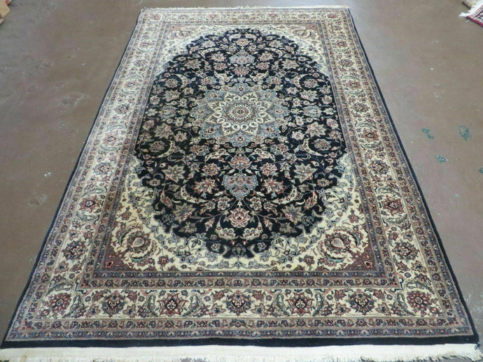 4' X 7' Vintage Handmade India Wool Silk Accent Rug Hand Knotted Black Organic - Jewel Rugs