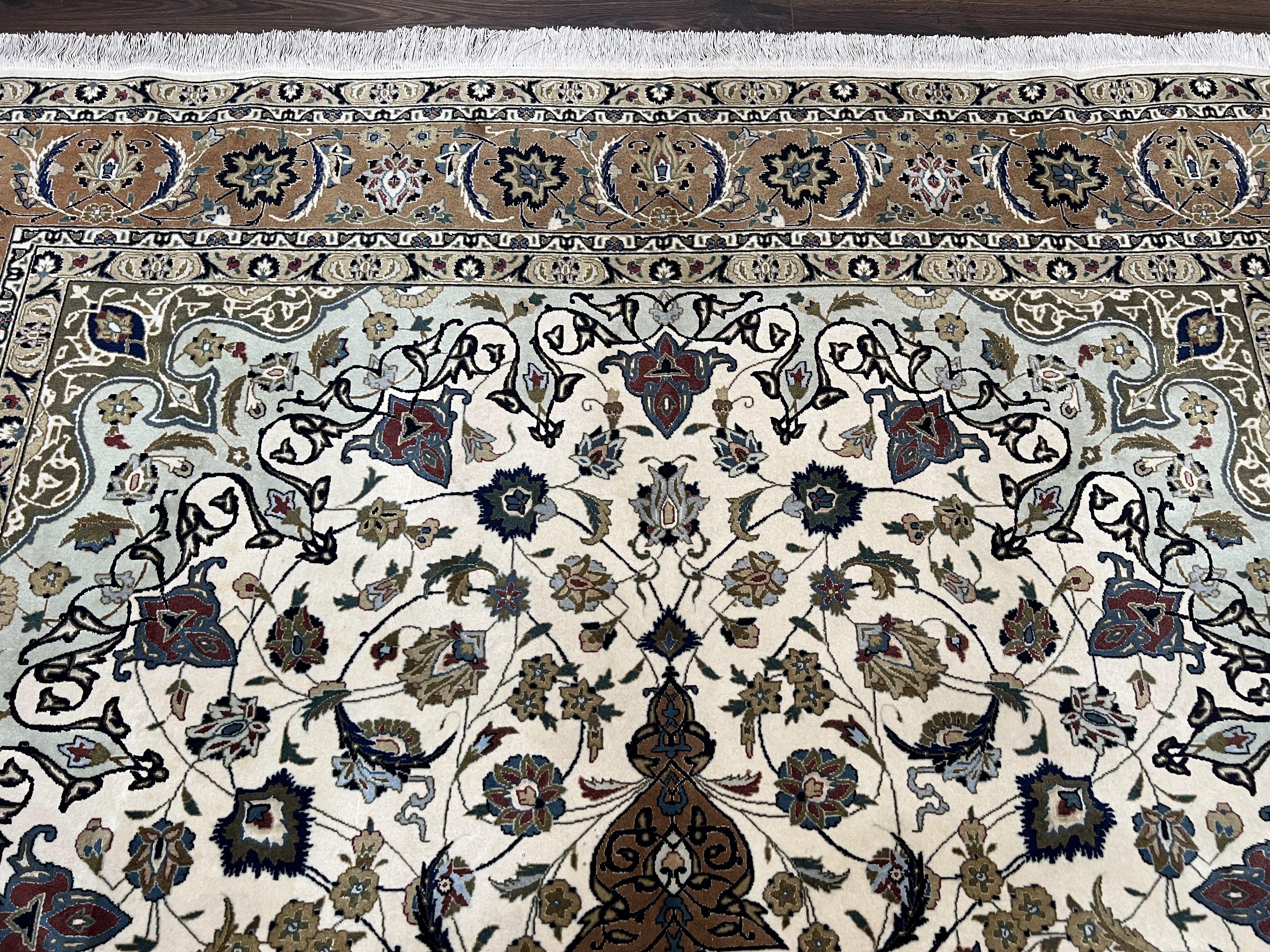 Wonderful Persian Rug 7x10, Floral Medallion, Very Fine Persian Tabriz Oriental Carpet, Vintage, Ivory/Cream, Hand Knotted Rug, Room Sized Rug, Traditional - Jewel Rugs