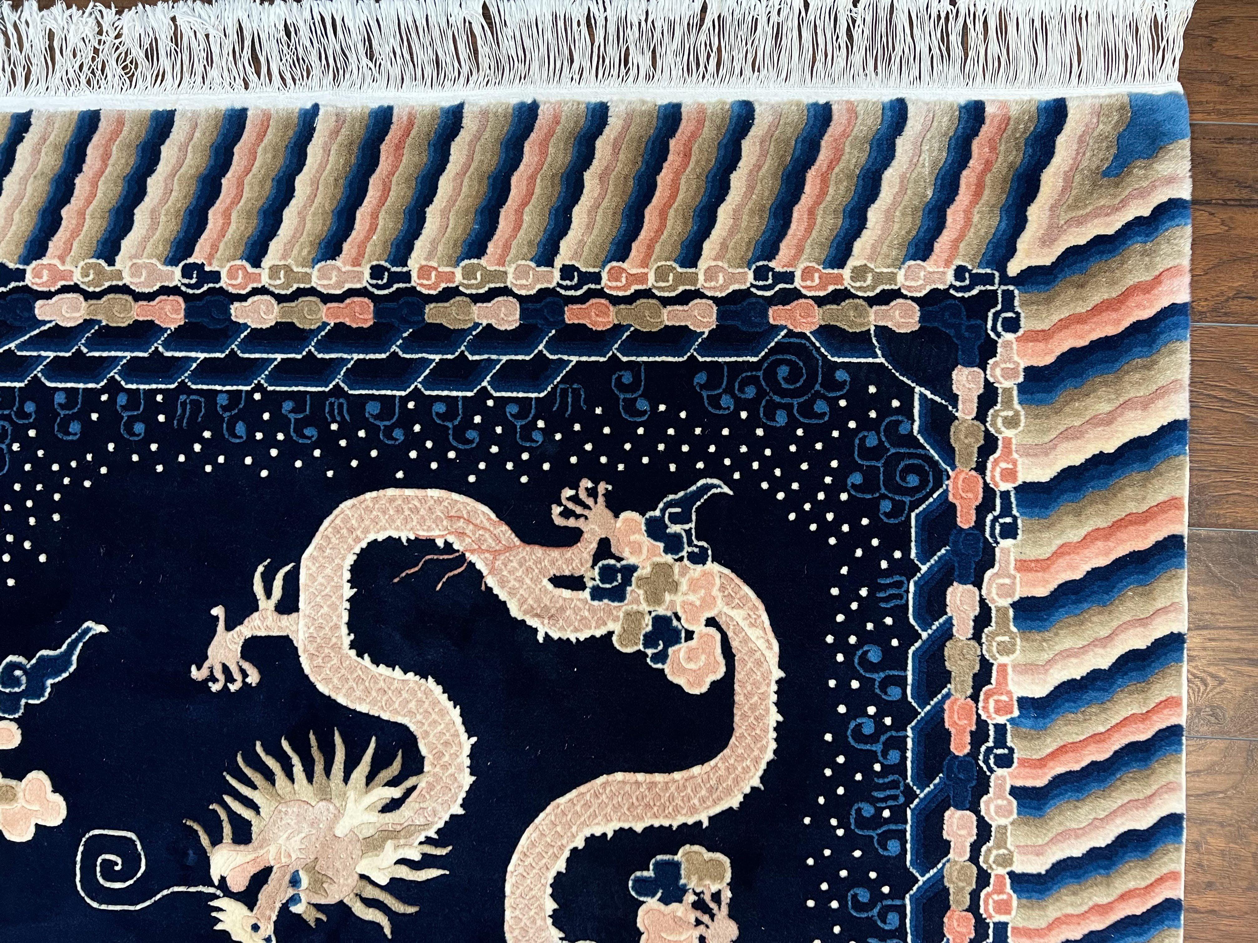 Rare Chinese Peking Rug 8x11, Chinese Dragon Carpet with Rainbow Border, Navy Blue and Beige, Handmade Hand Knotted, Semi Antique, Wool Rug - Jewel Rugs