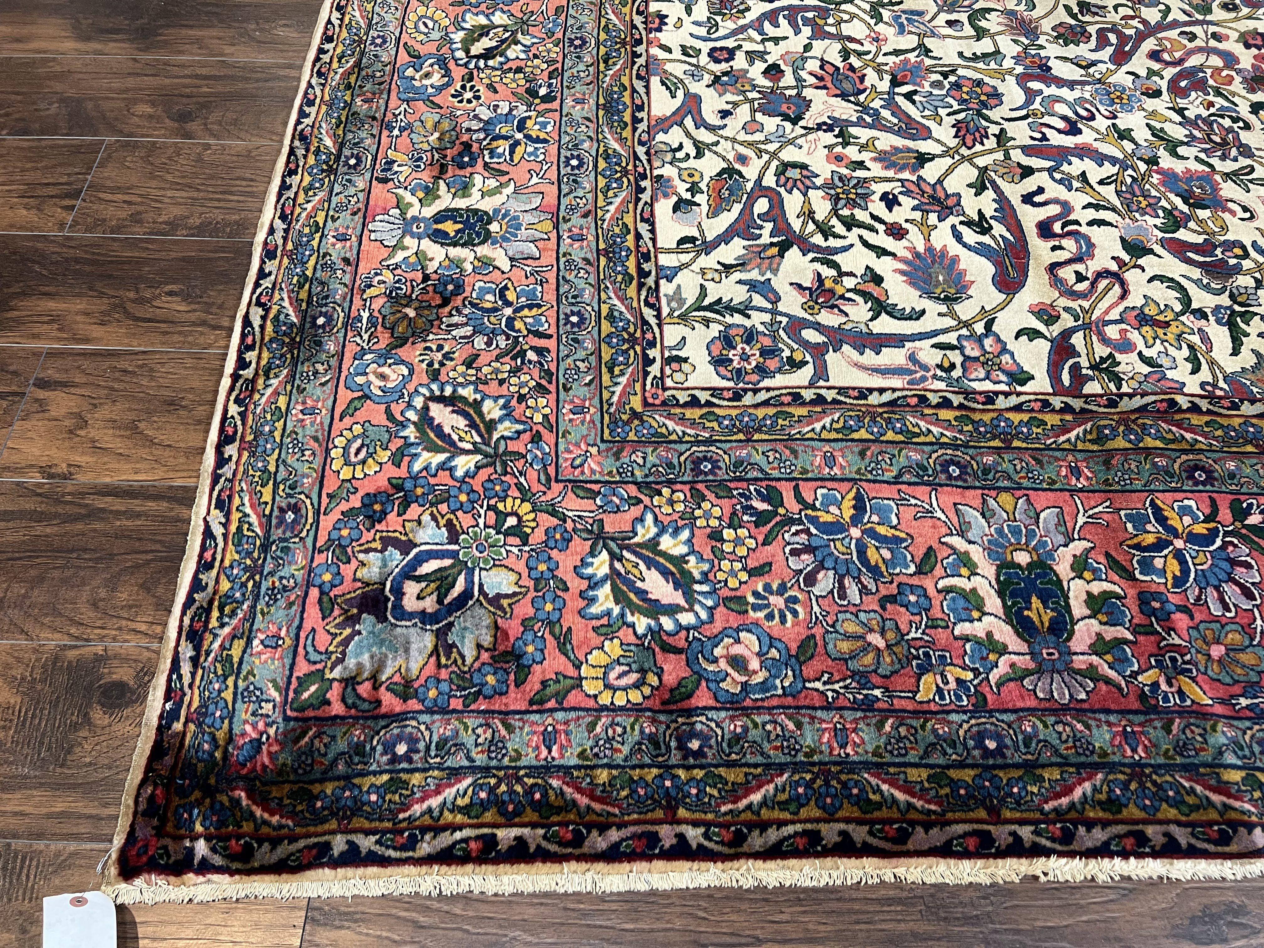 Rare Room Sized Persian Kirman Lavar Rug 10x15, Antique 1920s Persian Carpet, Allover Floral Design, Cream Red Blue, Highly Detailed, Wool - Jewel Rugs