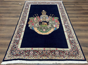 Persian Kirman Rug 5x8, Navy Blue and Beige, Persian Lion with Sword and Sun Motif, Hand Knotted Wool Fine Oriental Carpet, Semi Antique - Jewel Rugs