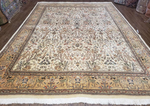 Semi Antique Persian Tabatabaie Tabriz Rug, Animal Pictorials, Ivory & Gold, Hand-Knotted, Wool, 7' 10" x 10' 6" - Jewel Rugs
