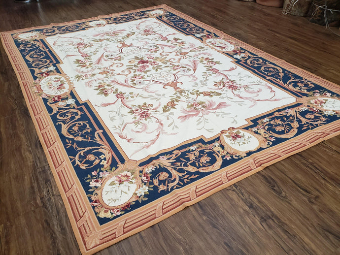 Chinese Aubusson Savonnerie Area Rug 6x8, Vintage Hand-Woven Needlepoint Rug, Flat Weave Handmade Wool Carpet Living Room Ivory & Navy Blue - Jewel Rugs