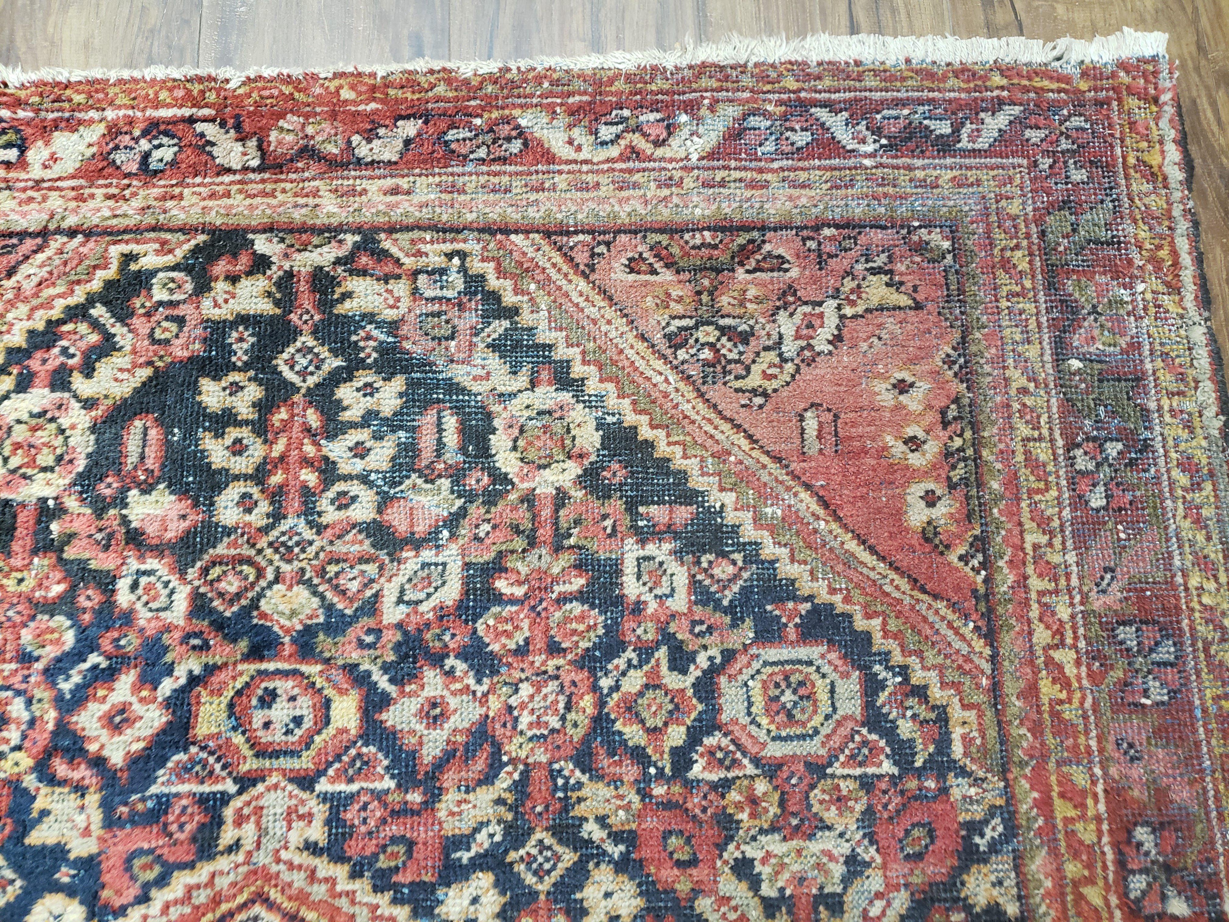 Antique Persian Mahal Area Rug 4.4 x 6.6, Wool Hand-Knotted Shabby Chic Oriental Rug, Red Black 1930s Foyer Room Carpet, Low Pile Boho Rug - Jewel Rugs