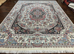 Very Fine Pak Persian Rug 9x12, Floral Aubusson Room Sized Oriental Carpet 9 x 12 ft, Ivory Pink Black, High KPSI Hand Knotted Vintage Wool - Jewel Rugs